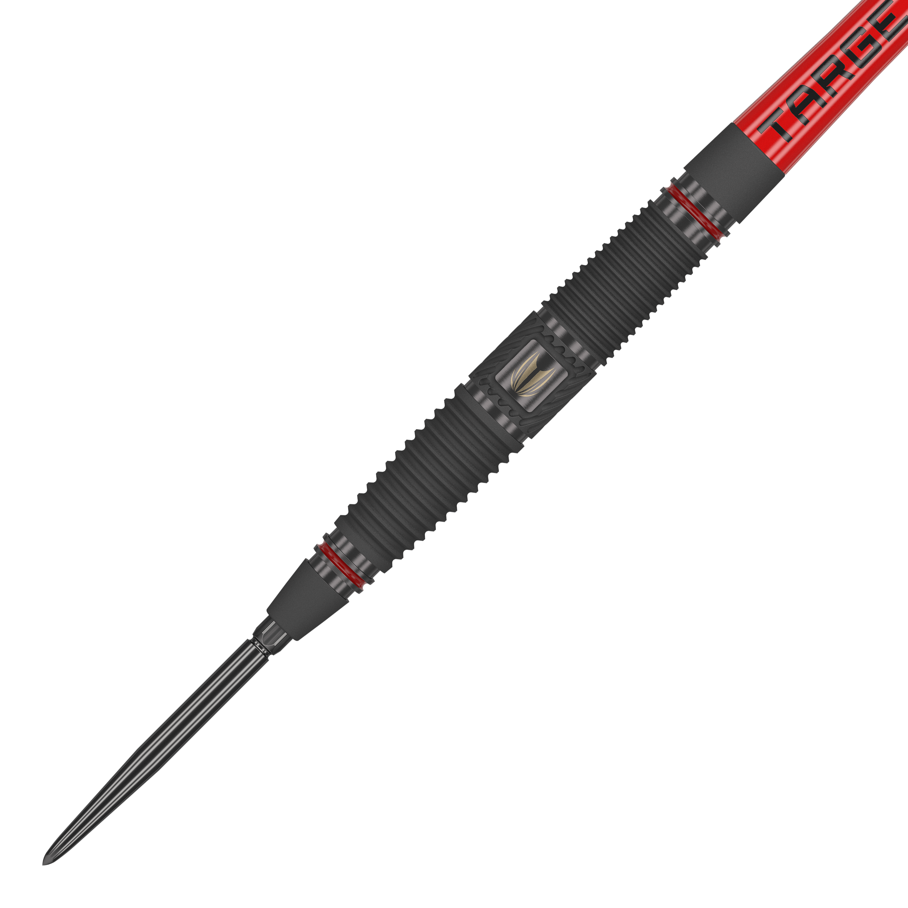 Target Scope 04 freccette in acciaio Swiss Point Das Bild zeigt einen Target Scope 04 Swiss Point Steeldart. Der Dart hat ein schwarzes, geriffeltes Griffstück mit roten Akzenten und einer silbernen Spitze.