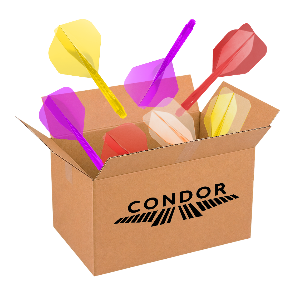 Scatola misteriosa McDart - Condor Auf diesem Bild wird die McDart Mystery-Box - Condor präsentiert. Die Box ist für Dartspieler gedacht und enthält spezielle Artikel der Marke Condor.