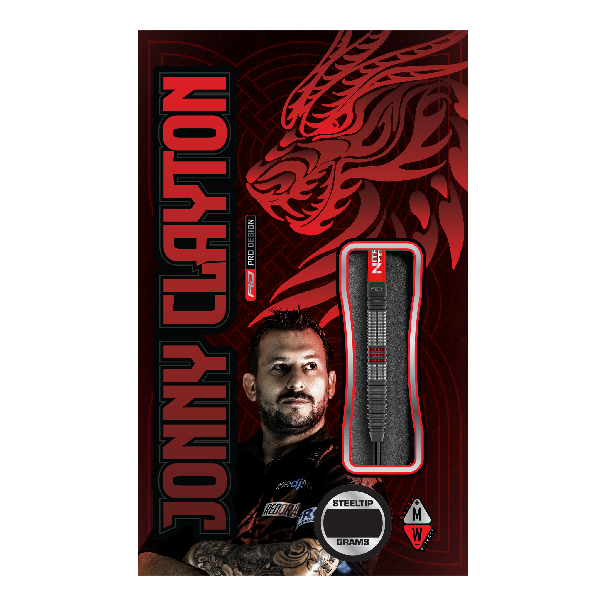 Freccette in acciaio Red Dragon Jonny Clayton Hiraeth Die Abbildung zeigt die Verpackung der "Red Dragon Jonny Clayton Hiraeth Steeldarts". Auf der Verpackung sind ein Porträt von Jonny Clayton sowie ein stilisierter roter Drache abgebildet.