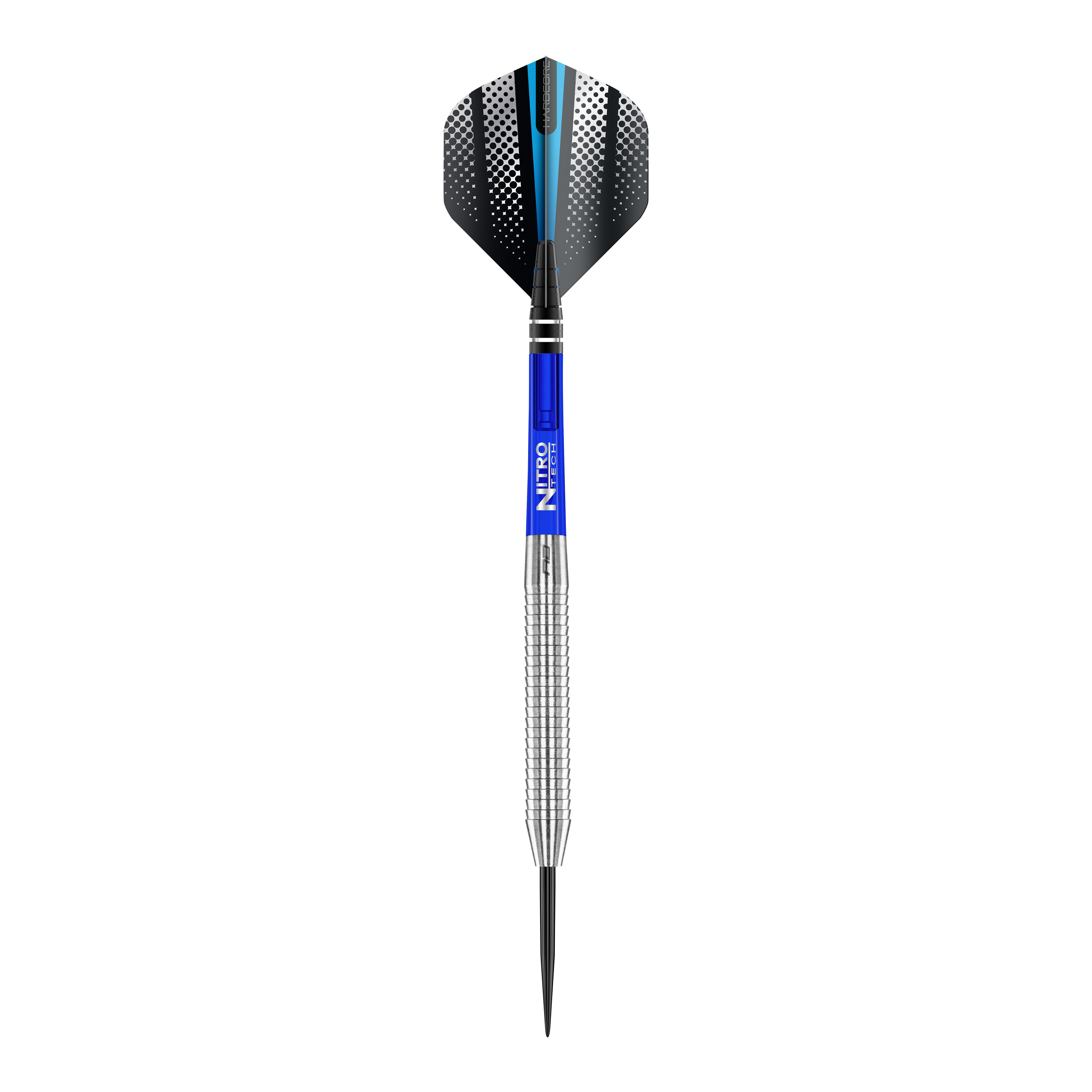 Freccette in acciaio originali Red Dragon Razor Edge Das Bild zeigt einen Red Dragon Razor Edge Original Steeldart mit einem Gewicht von 24g. Der Dart hat einen silbernen, geriffelten Schaft, einen blauen Mittelteil und schwarze Flights mit weißen Punkten und einem blauen Streifen.