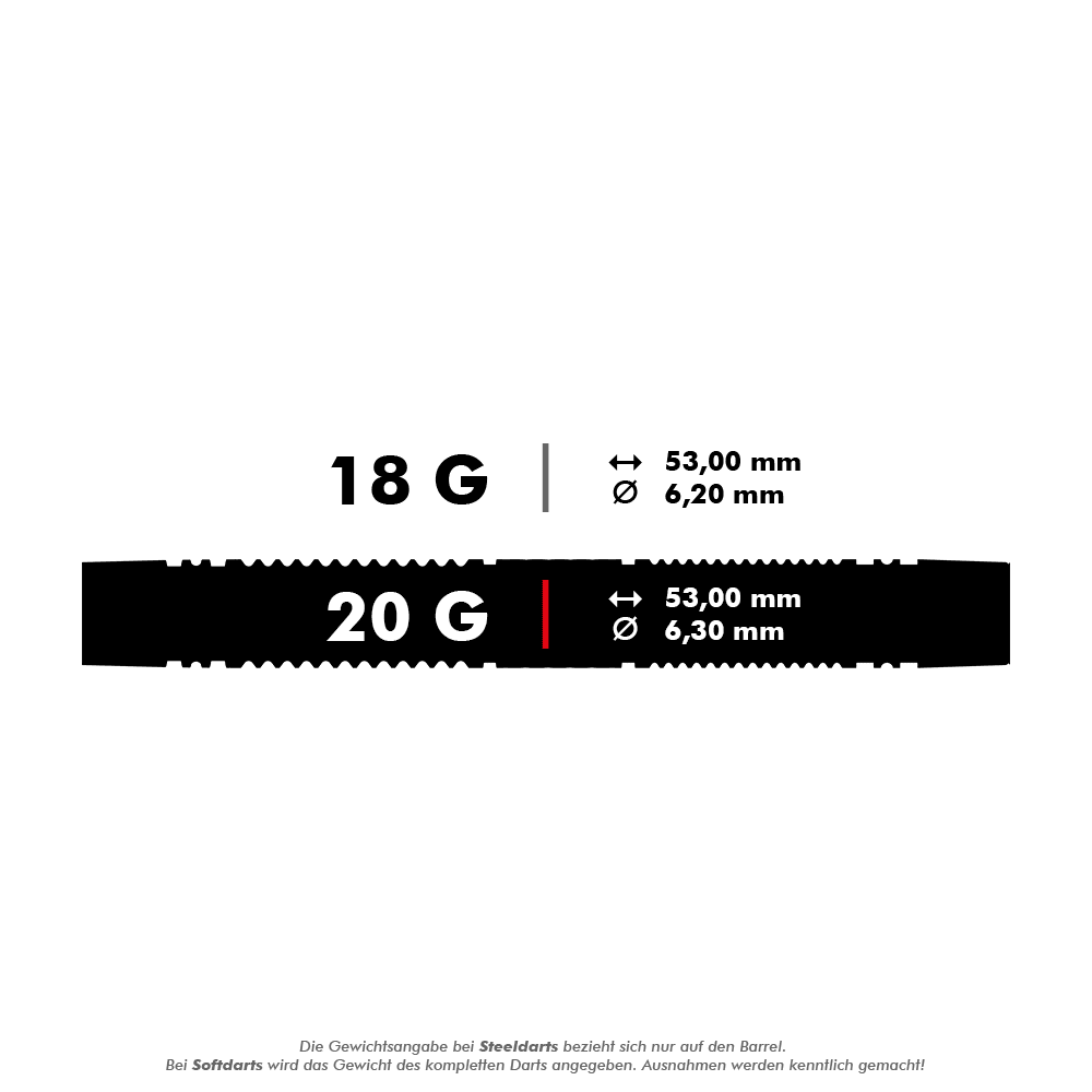 Mirino 10 freccette morbide Das Bild zeigt die technischen Daten von zwei Softdarts mit einem Gewicht von 18 g und 20 g. Beide Darts sind 53 mm lang, der Durchmesser beträgt 6,2 mm bzw. 6,3 mm.