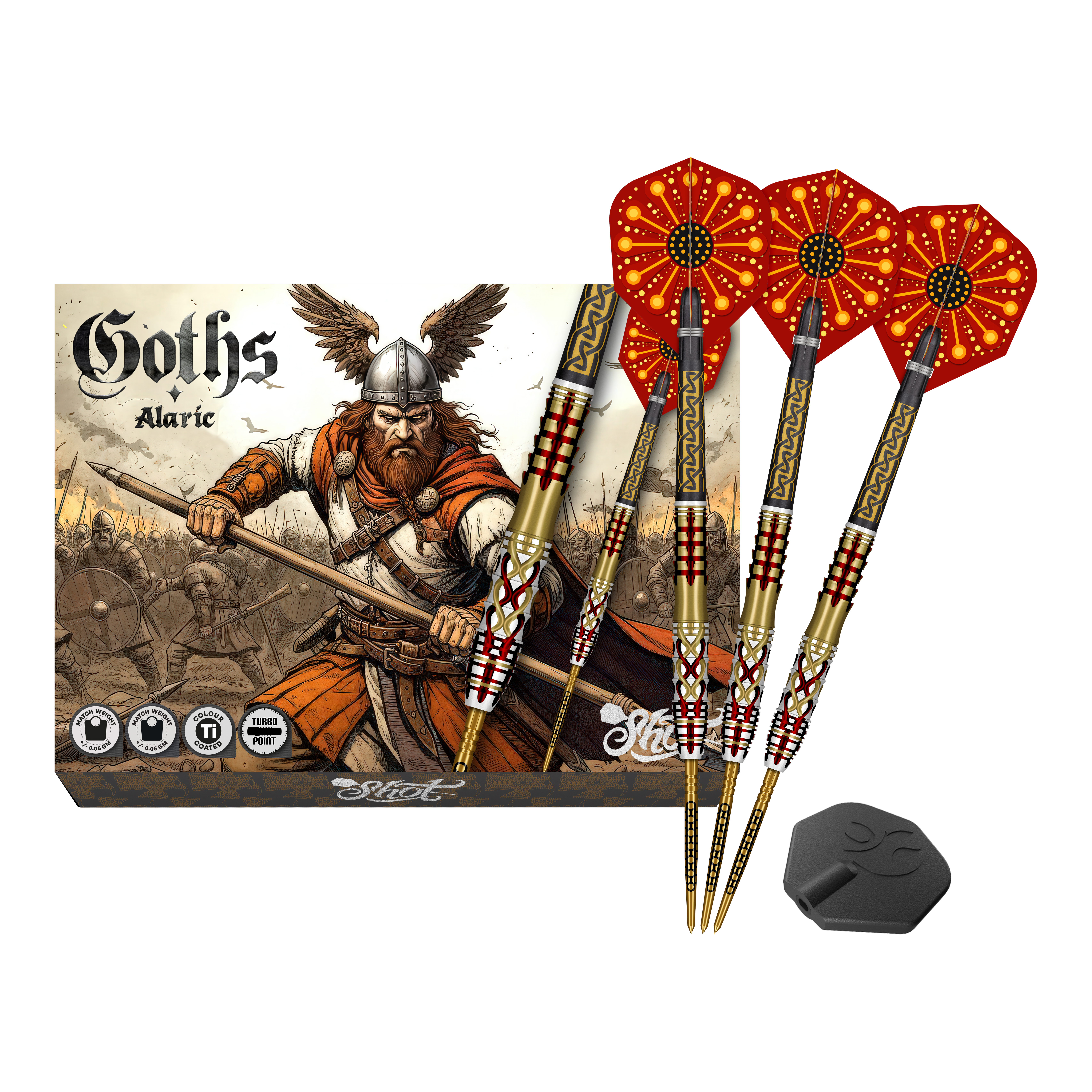 Freccette in acciaio Shot Goths Alaric Turbo Point - 23 g Abgebildet sind die Shot Goths Alaric Turbo Point Steeldarts - 23g. Die Darts eignen sich besonders für Steeldartspieler.