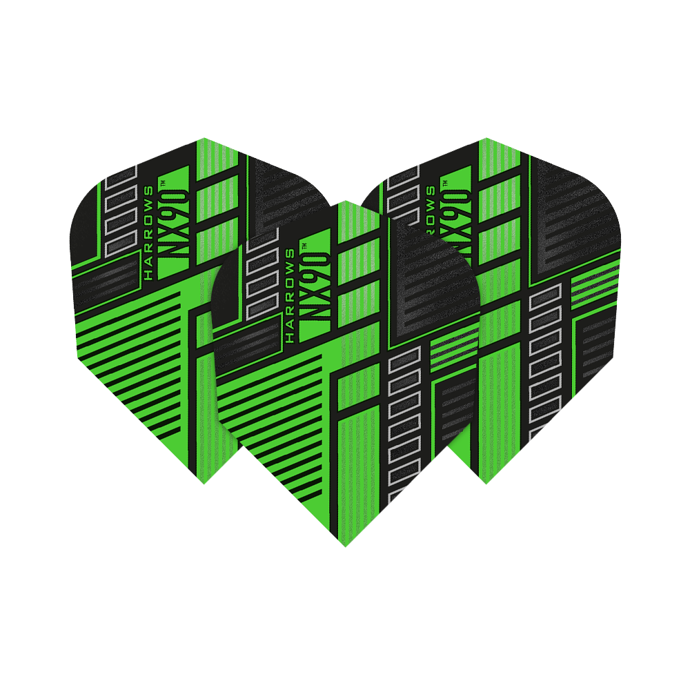 HR49_Harrows_Prime_NX90_Green_No6_Flights_15Ob7XLR5S1qp0 Harrows Prime NX90 Flights liegen nebeneinander. Die grafischen Details sind scharf abgebildet.