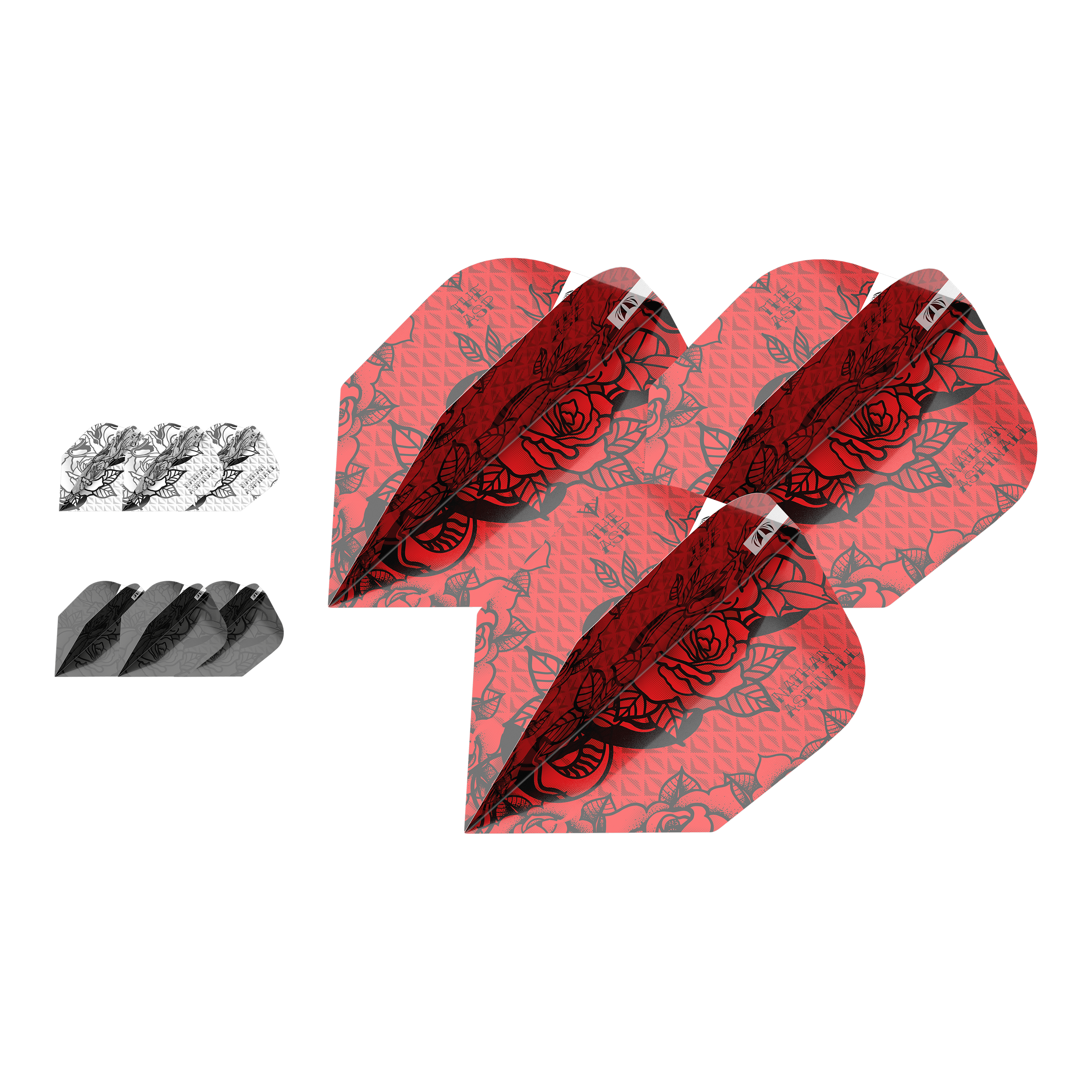 Target Ink Bundle 3 set Nathan Aspinall No6 Flights Das Bild zeigt drei Sets von Dart-Flights des Produkts "Target Ink Bundle 3 Sets Nathan Aspinall No6 Flights". Die Flights sind in Rot, Schwarz und Weiß mit auffälligem Muster gestaltet.