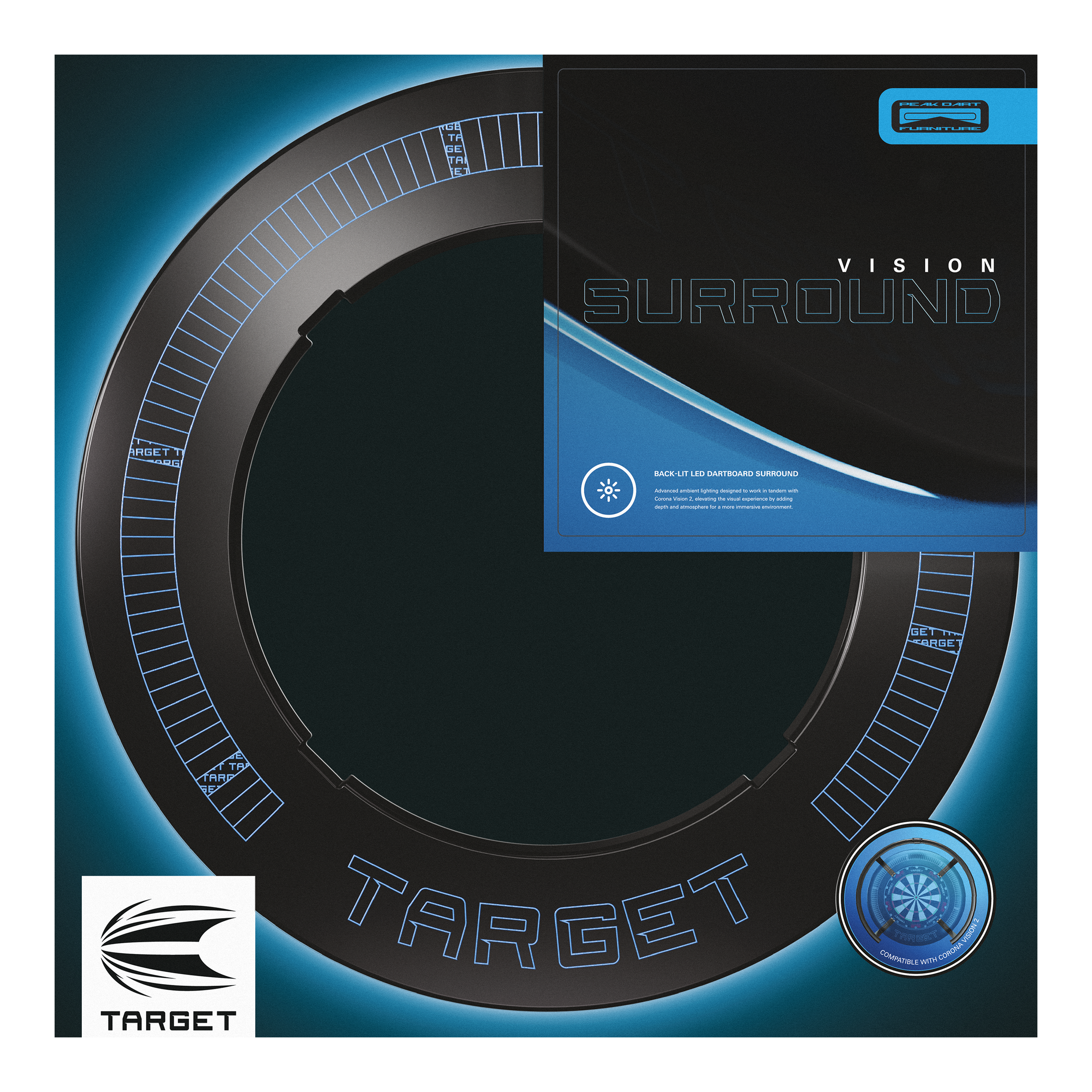Target per freccette Target Corona Vision con tacche e illuminazione integrata. Target per freccette Target Corona Vision con tacche e illuminazione integrata.