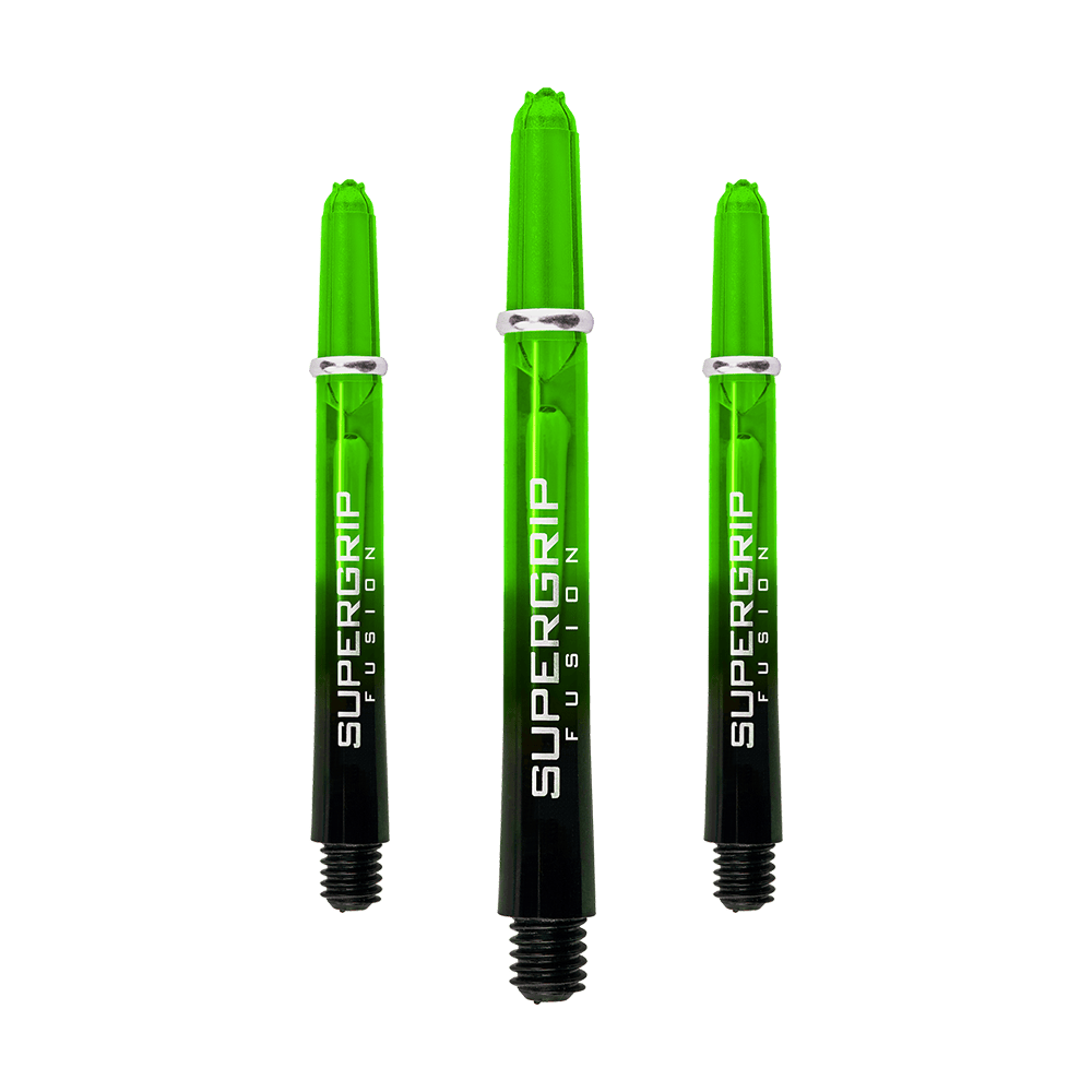 HR341_Harrows_Supergrip_Fusion_Shafts_Gr-n_47mm_1XMY3GL6M8kHdo Das Bild zeigt drei grüne Harrows Supergrip Fusion Shafts für Dartpfeile. Die Shafts sind durchsichtig und haben einen schwarzen unteren Teil mit weißer Aufschrift.