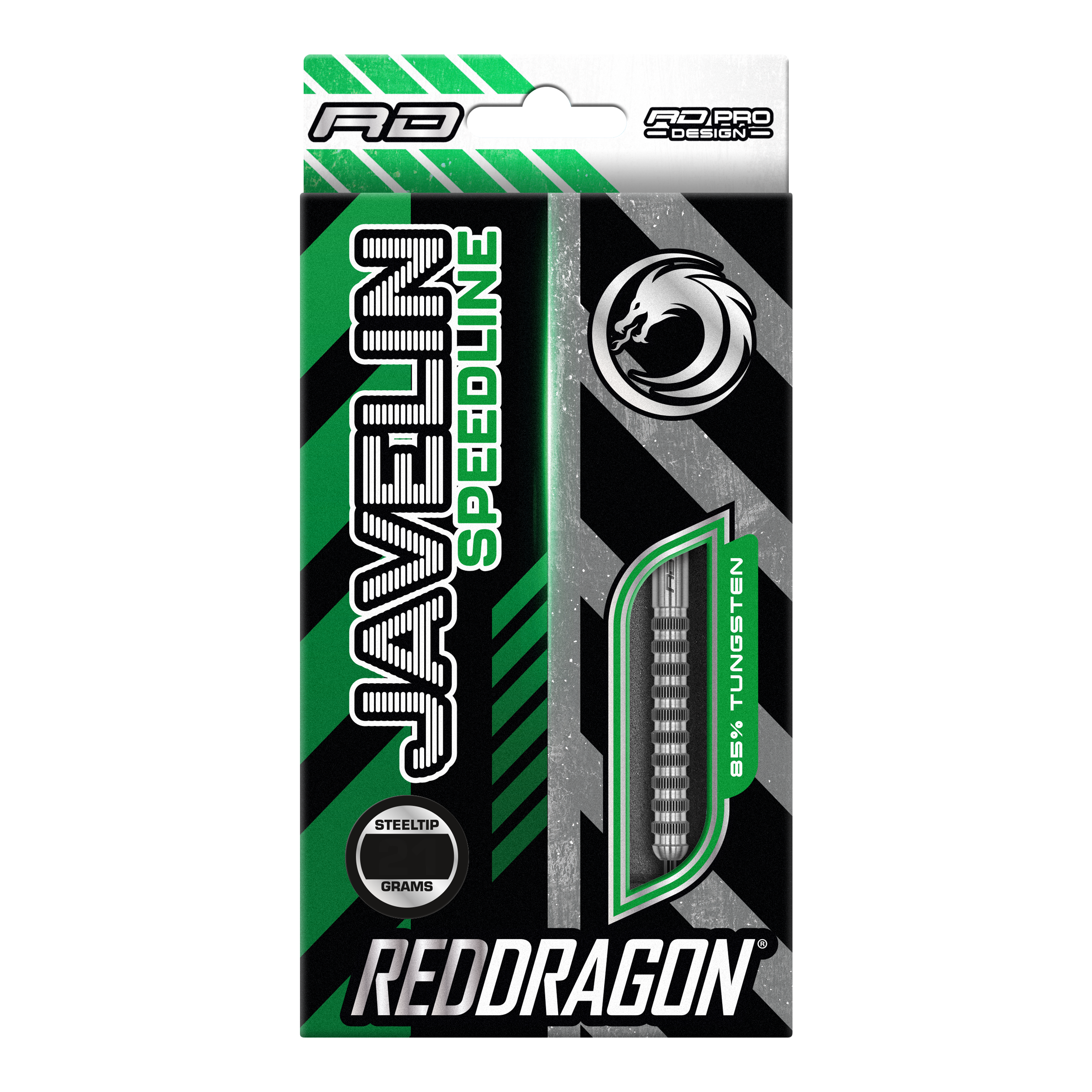 Freccette in acciaio Red Dragon Javelin Speedline Die Abbildung zeigt die Verpackung der "Red Dragon Javelin Speedline Steeldarts". Die Packung ist grün, schwarz und silber, mit einem Sichtfenster für die Darts und auffälligem Drachen-Logo.