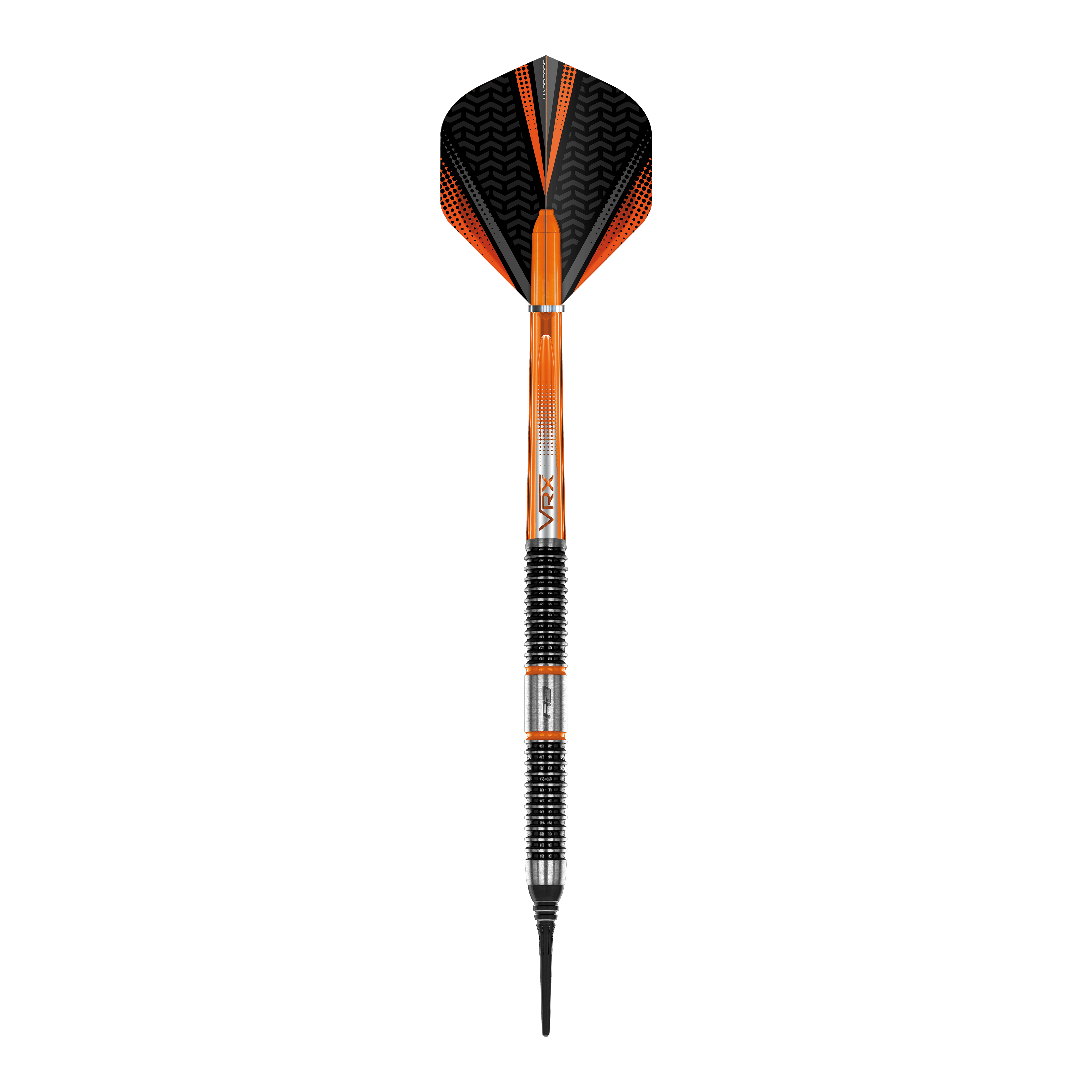 Red Dragon Amberjack 18 freccette morbide - 20 g Das Bild zeigt einen Softdart aus der Serie "Red Dragon Amberjack 18" mit einem Gewicht von 20 Gramm. Der Dart ist überwiegend schwarz und orange gefärbt und verfügt über einen geriffelten Griffbereich.