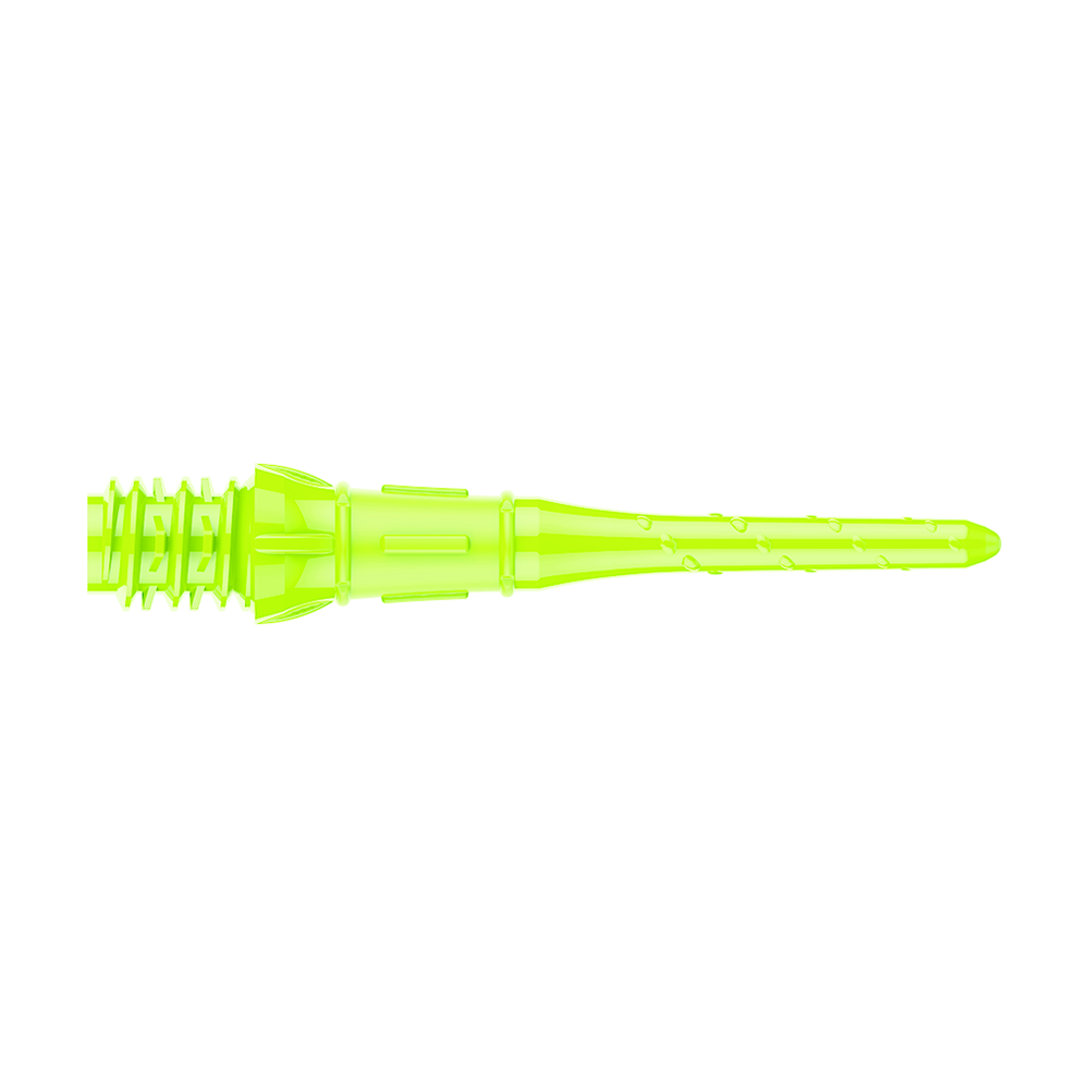 Premium Lippoints (30er Pack) - Spitzen Das Bild zeigt eine neon-gelbe Dartspitze. Sie ist schmal, lang und hat ein geripptes Ende für den festen Halt im Dartbarrel.