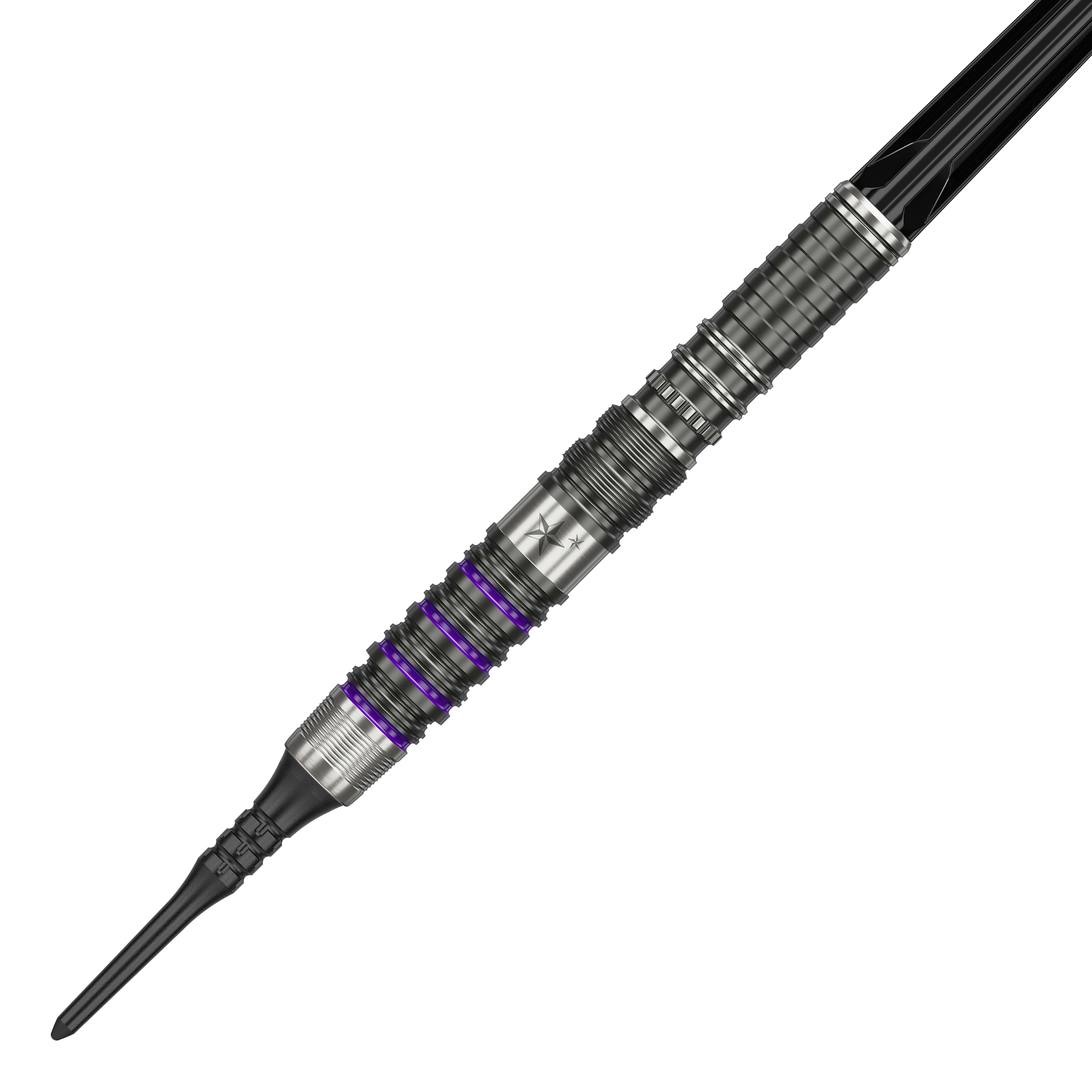 Target Japan Prime Series Yuta Hayashi Sirius GEN3 MAX Freccette morbide - 21,5 g Dies ist ein Softdart aus der Target Japan Prime Series, Modell Yuta Hayashi Sirius GEN3 MAX mit 21,5g. Er besitzt ein silbernes Design mit feinen Rillen und lilafarbenen Akzenten.