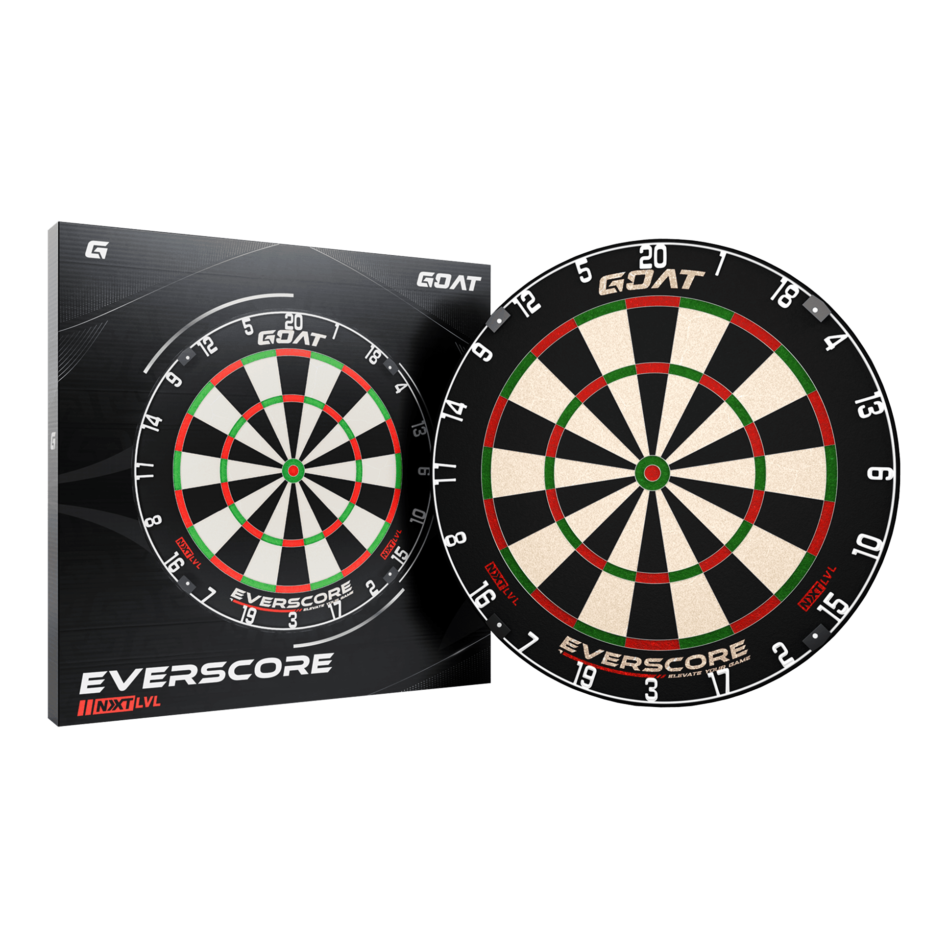 Bersaglio per freccette in acciaio GOAT Everscore Das Bild zeigt das Produkt "GOAT Everscore Steeldartboard" zusammen mit seiner Verpackung. Das Dartboard hat ein klassisches Design mit schwarzen, weißen, roten und grünen Feldern.