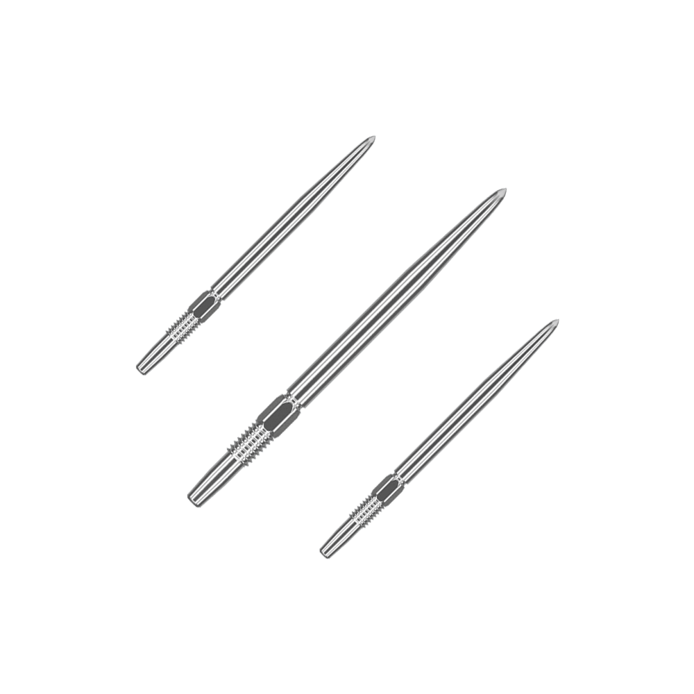 Punte per freccette Target Swiss Point Silver Das Bild zeigt drei silberne Dartspitzen, die nebeneinander liegen. Sie sind lang und haben an einem Ende eine strukturierte Griffzone.