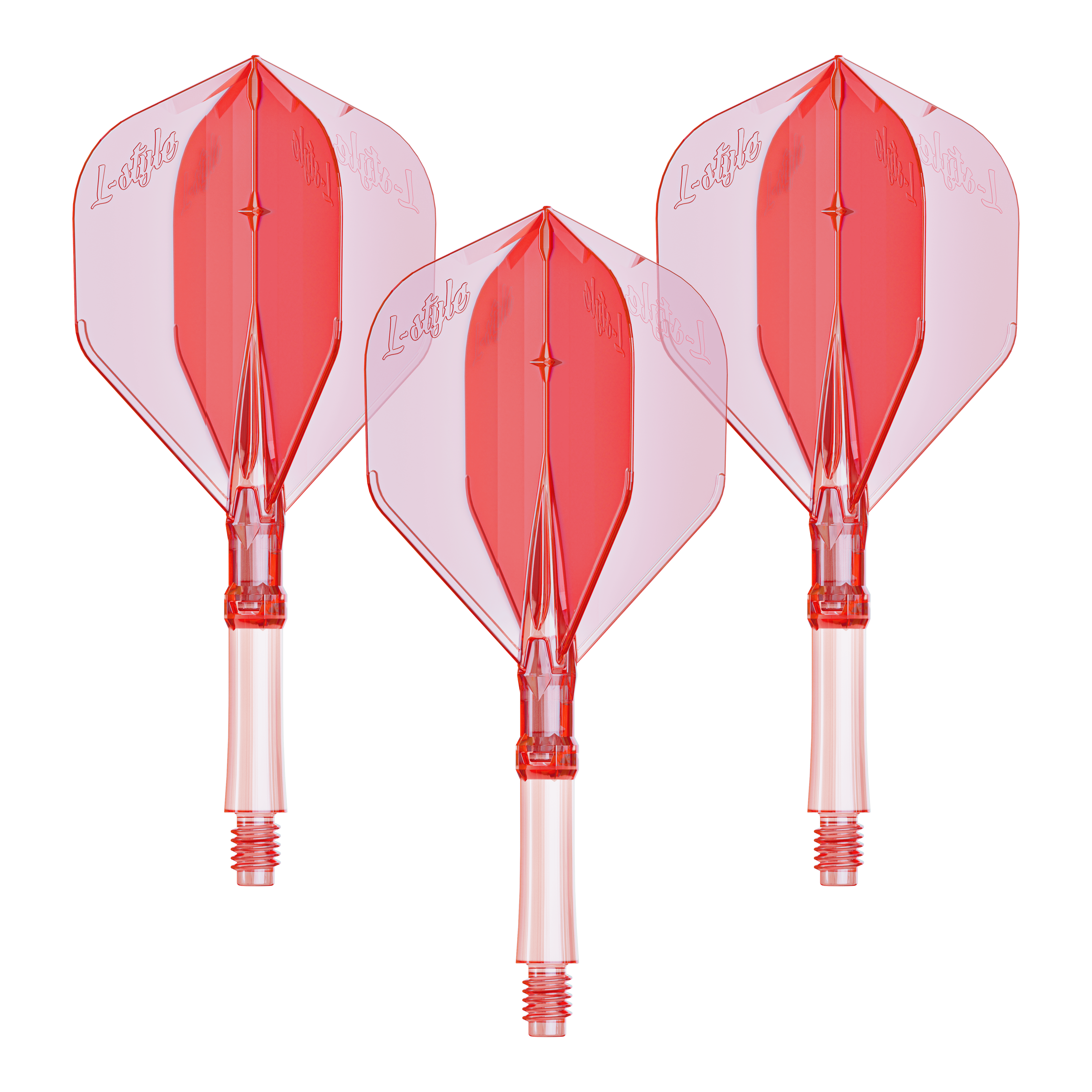 Alette L-Style L-Sytem - Rosso trasparente Das Bild zeigt ein Set L-Style L-System Flights in klarrot, kleine Größe 190. Das Produkt wird als Dartzubehör verwendet.