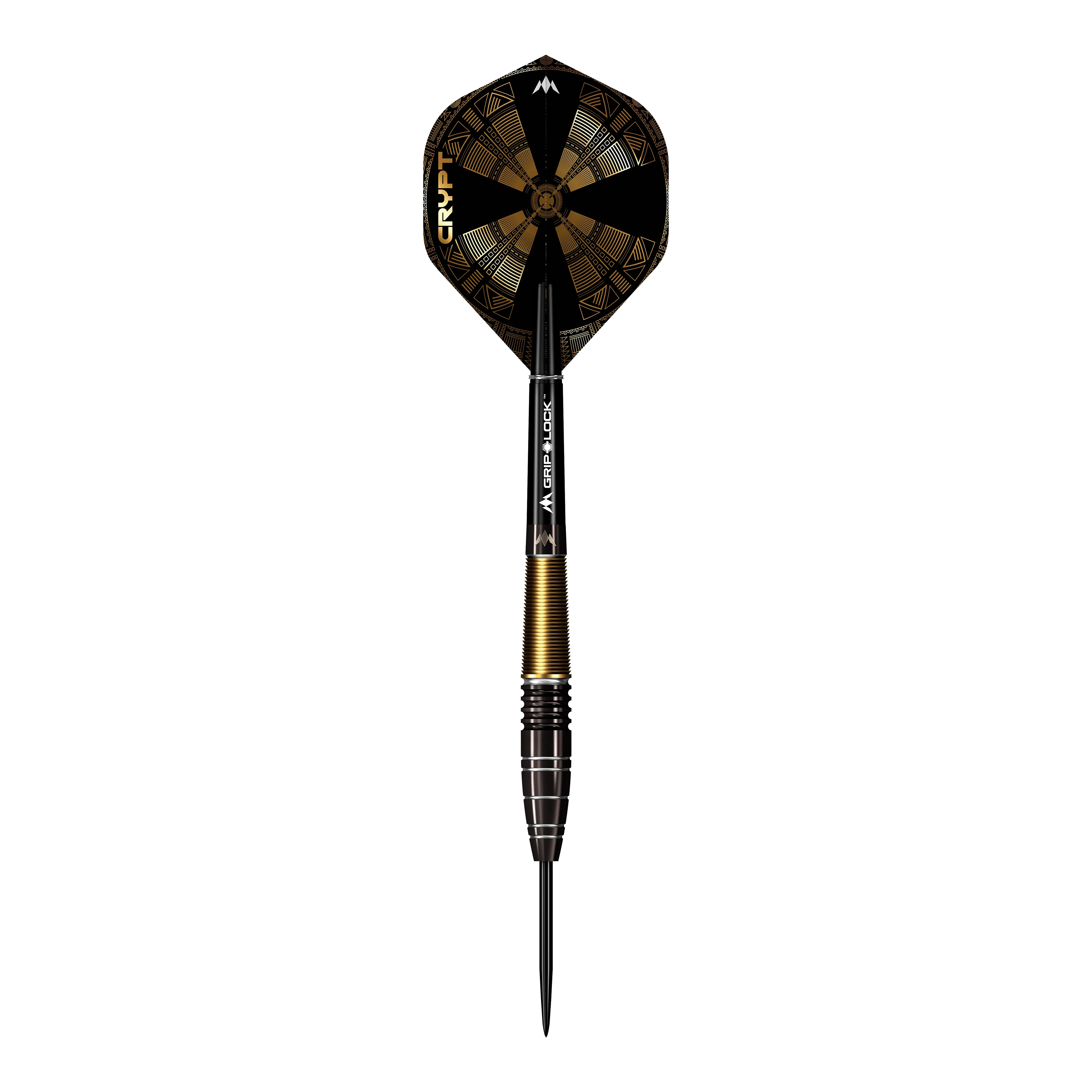Freccette in acciaio Mission Crypt modello 1 - 22 g Das Bild zeigt einen Mission Crypt Model 1 Steeldart mit einem Gewicht von 22g. Der Dart ist schwarz-gold gefärbt und hat ein geometrisches Design auf dem Flight.