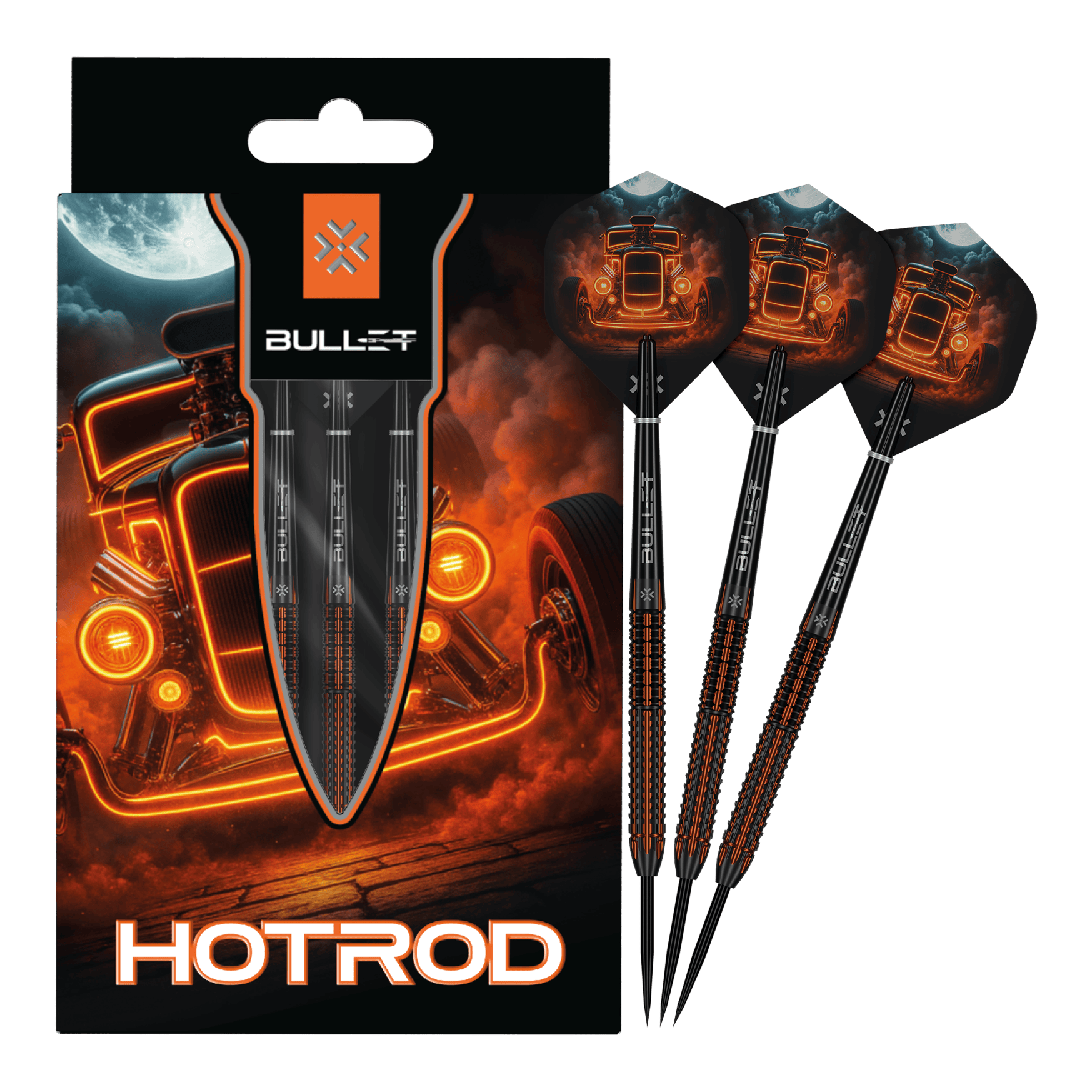 Freccette in acciaio Hotrod Bullet Bullet Hotrod Steeldarts sind zu sehen. Das Bild zeigt das vollständige Set der Steeldarts.