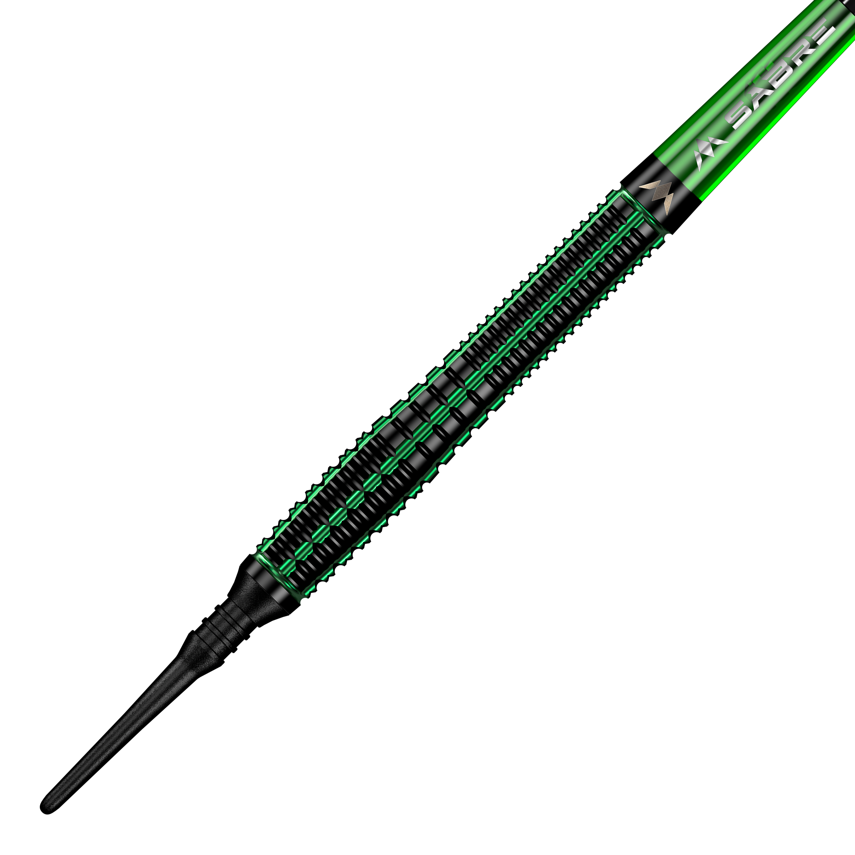 Freccette morbide Mission Venom - 20 g Das Bild zeigt einen Mission Venom Softdart mit einem Gewicht von 20 Gramm. Der Dart ist überwiegend schwarz mit grünen Akzenten und einem schlanken Design.