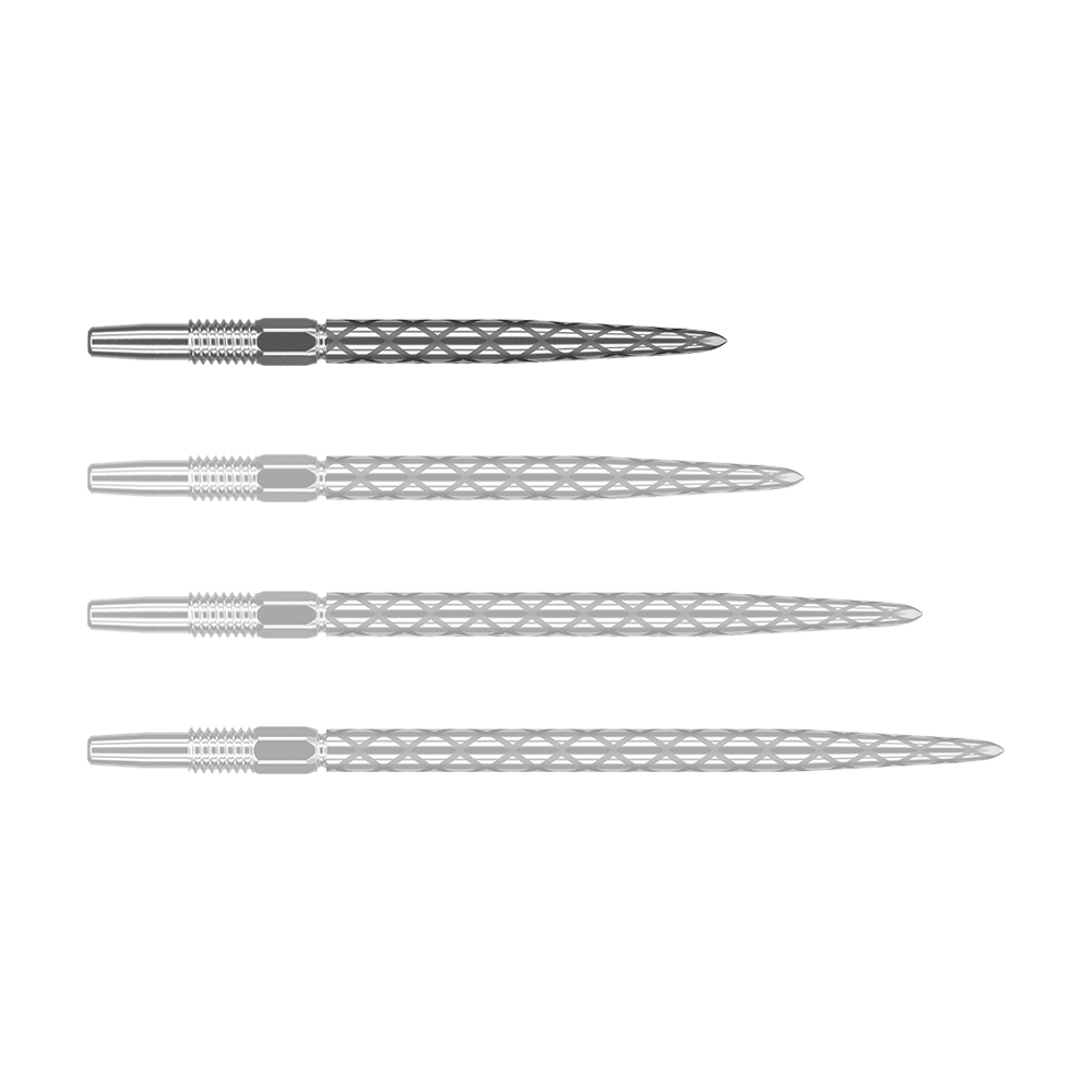 Punte per freccette Target Swiss Diamond Pro Silver Points Das Bild zeigt vier silberne Dartspitzen mit einem rautenförmigen Muster. Sie sind nebeneinander auf weißem Hintergrund angeordnet.