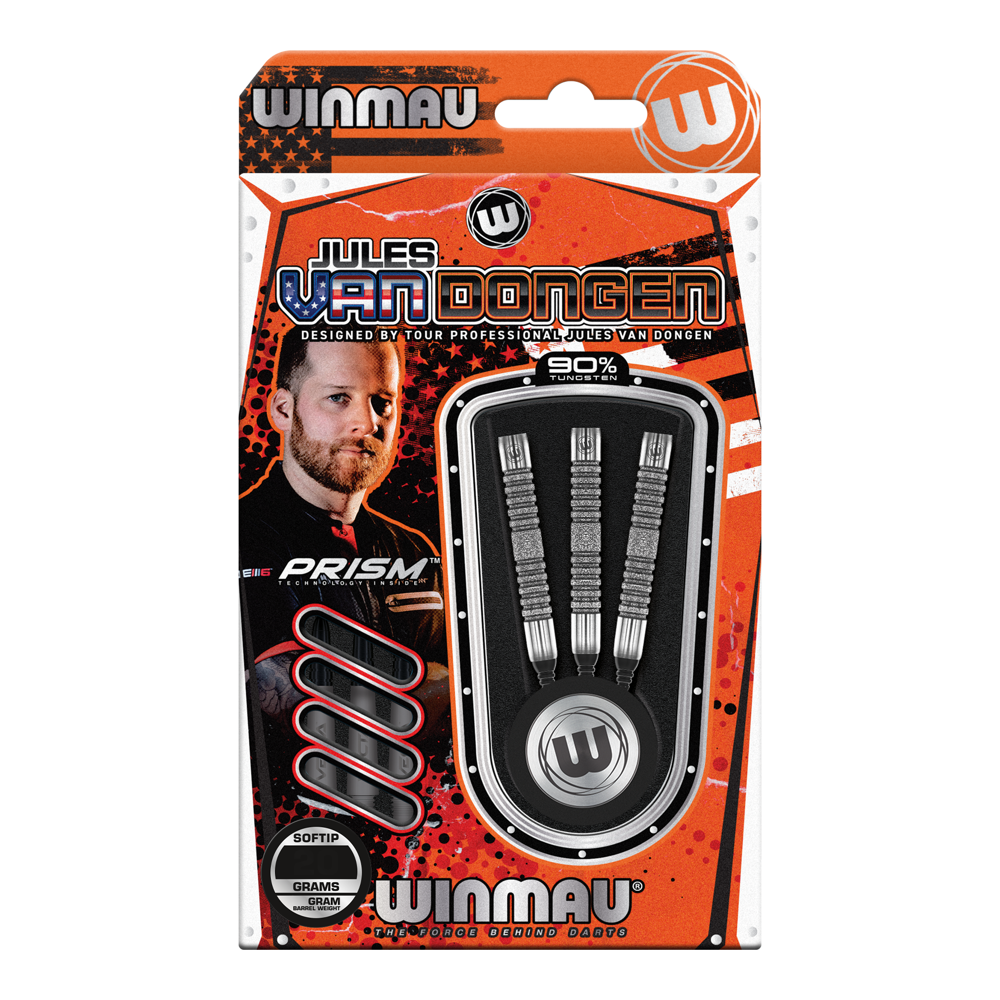 Freccette morbide Winmau Jules Van Dongen - 20g Das Bild zeigt eine Verpackung der "Winmau Jules Van Dongen Softdarts - 20g". In der Packung befinden sich drei Softdarts mit 90% Tungsten.