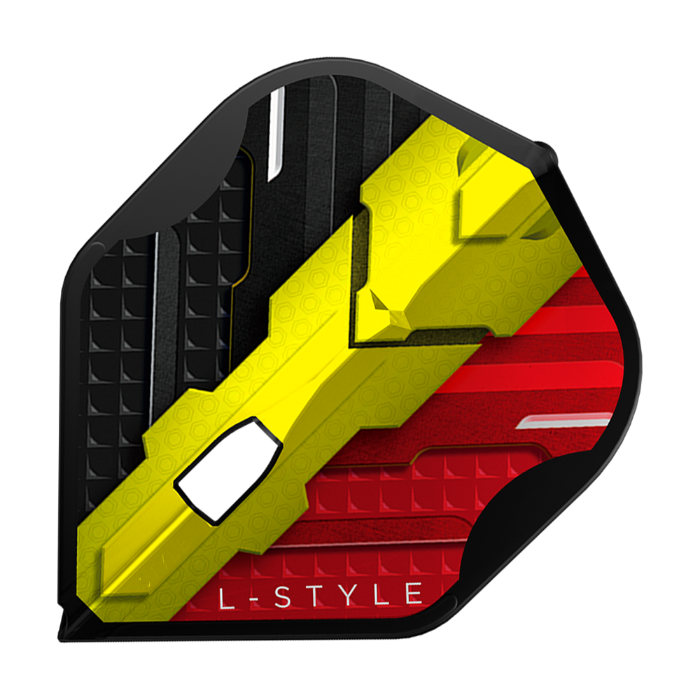 Alette L-Style V-Series V1 Type C Belgium Black L1PRO Das Bild zeigt ein L-Style V-Series V1 Type C Belgium Black L1PRO Flight. Das Flight ist in den Farben Schwarz, Gelb und Rot gestaltet, ähnlich der belgischen Flagge.