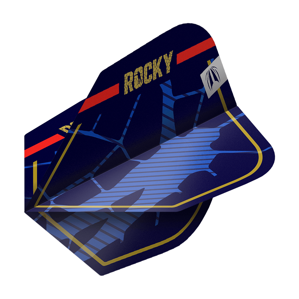 Target Pro Ultra Josh Rock GEN1 No6 Flights - 3 set Das Bild zeigt das Produkt "Target Pro Ultra Josh Rock GEN1 No6 Flights - 3 Sets". Die Dartflights sind dunkelblau mit goldener Umrandung, rotem Streifen und der Aufschrift "ROCKY".