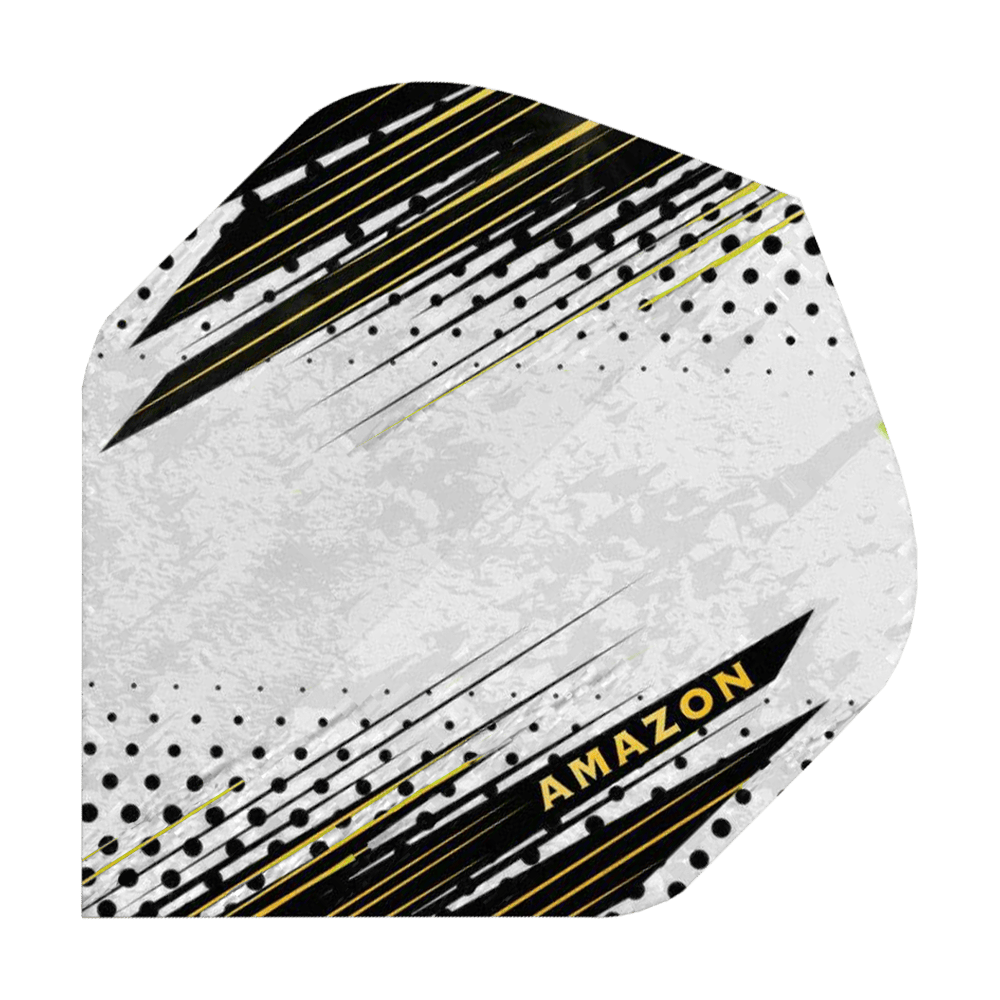 A45_Amazon_ORO_Standard_Flights_Weiss_1 Das Bild zeigt ein Amazon ORO Standard Flight. Das Design ist modern mit schwarzen, weißen und gelben Linien und Punkten sowie dem Schriftzug "Amazon" in Gelb.