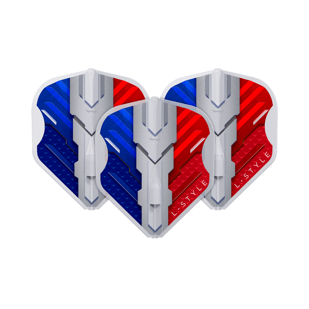 Alette L-Style V-Series V1 Tipo B Francia Bianco Trasparente L1EZ Das Bild zeigt drei Dartflights in den Farben Blau, Weiß und Rot, die die französische Flagge darstellen. Auf den Flights steht der Markenname "L-Style" und sie haben ein modernes, technisches Design.