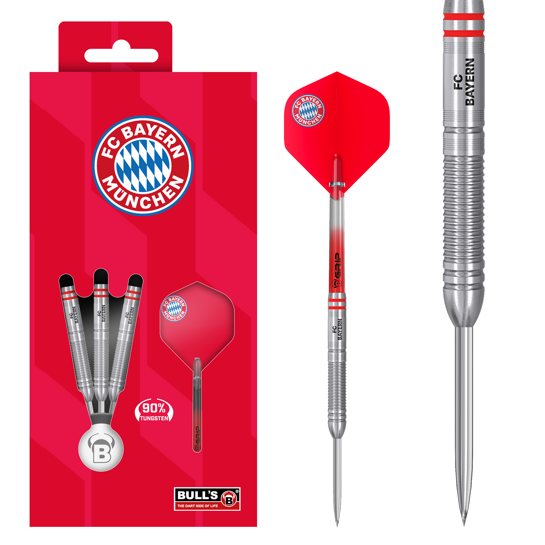 Bulls FC Bayern Monaco Freccette in acciaio al tungsteno Zu sehen sind die Bulls FC Bayern München Tungsten Steeldarts. Das Produkt spricht Dartspieler und Bayern München Fans an.