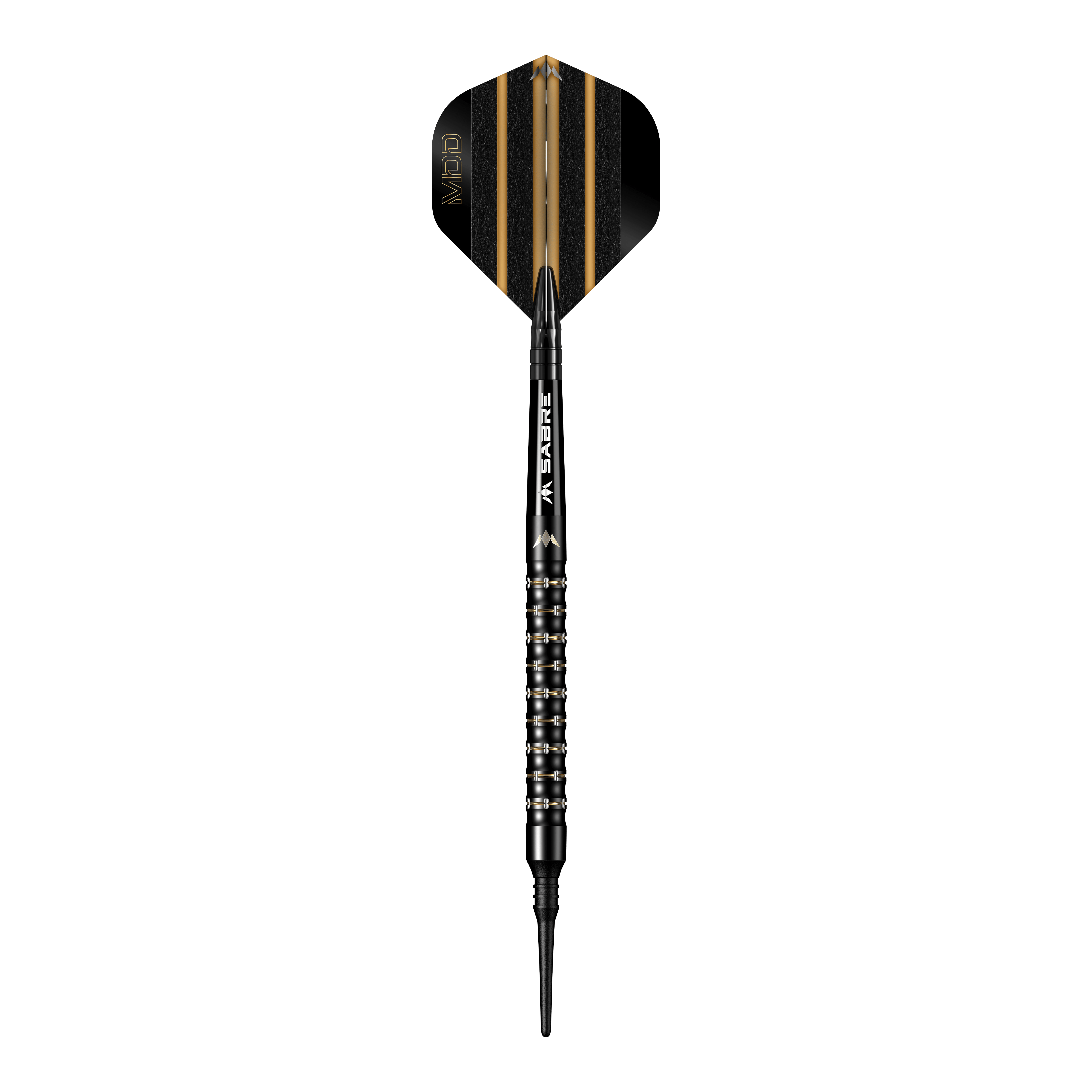 Freccette morbide Mission Mike De Decker MDD Black Gold - 20 g Das Bild zeigt einen Softdartpfeil namens "Mission Mike De Decker MDD Black Gold Softdarts - 20g". Der Pfeil ist schwarz mit goldenen Akzenten und hat eine schmale Spitze.