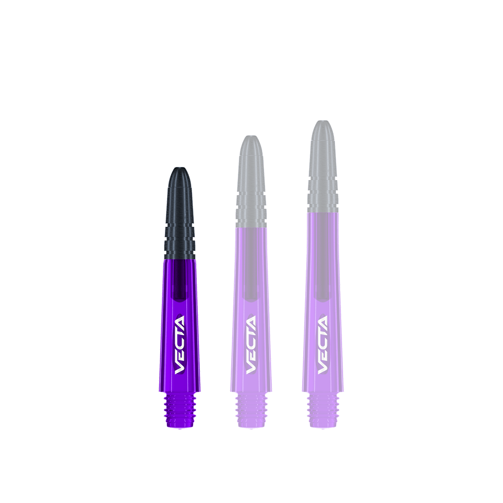 Winmau Vecta Shafts - Viola Nero Das Bild zeigt drei lilafarbene Dartschäfte mit schwarzen Spitzen. Auf jedem Schaft steht das Wort "VECTA" in weißer Schrift.