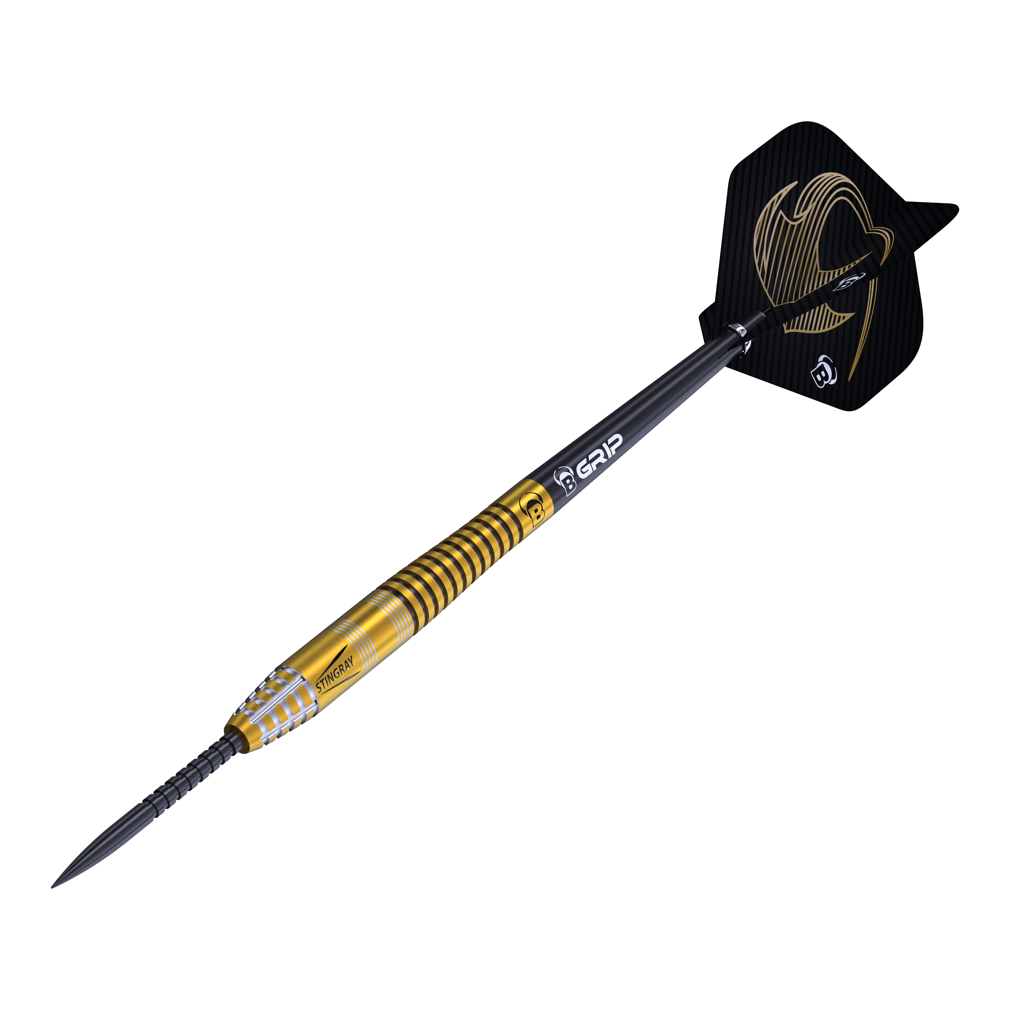 Freccette in acciaio Bulls Stingray ST3 Das Bild zeigt einen Steeldart aus der Bulls Stingray ST3 Serie. Der Dart hat einen goldfarbenen Schaft mit schwarzen Ringen und eine schwarze Flügelspitze mit goldener Verzierung.