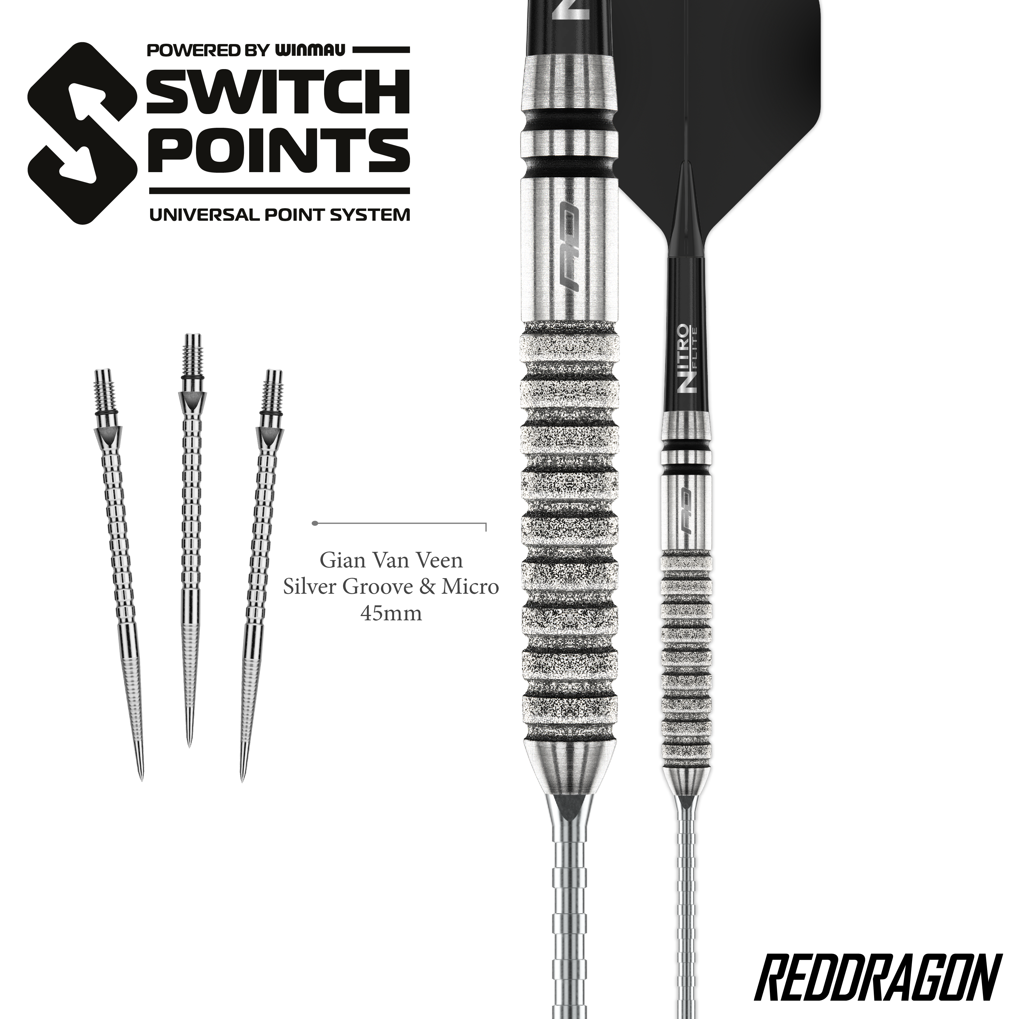 Freccette in acciaio Switch Point Red Dragon Gian Van Veen Tour Edition - 21 g Gezeigt werden die Red Dragon Gian Van Veen Tour Edition Switch Point Steeldarts - 21g aus einer anderen Perspektive. Das Design ist sportlich und funktional.