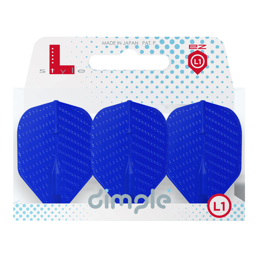 Auf dem Bild sind drei blaue Dart-Flights in einer Verpackung zu sehen. Die Verpackung trägt die Aufschrift "dimple" und das Logo "L-style".