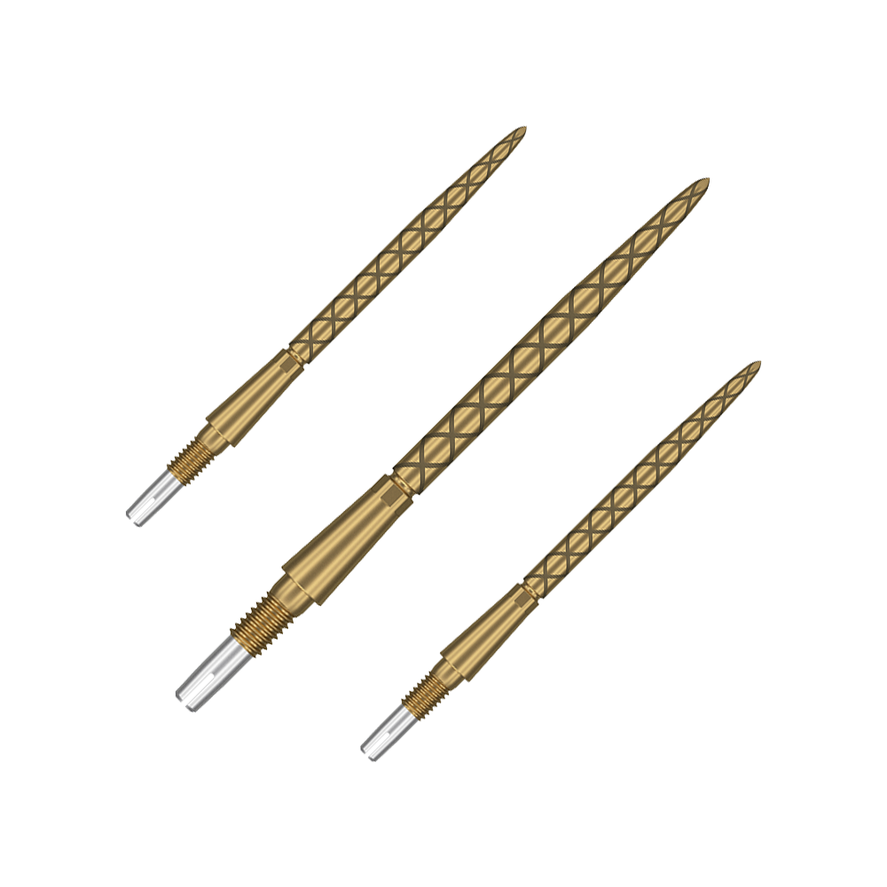 Punte per freccette Target Swiss Storm Diamond Point - Oro Das Bild zeigt drei goldene Dartspitzen mit einem rautenförmigen Muster. Sie sind länglich und haben eine silberne Spitze zum Werfen.