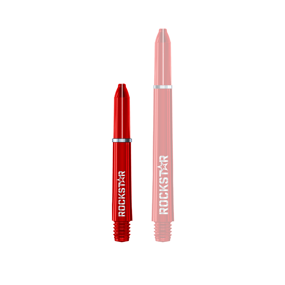Alberi in nylon Winmau Joe Cullen Rockstar Das Bild zeigt zwei rote Dartschäfte in unterschiedlichen Längen. Auf beiden Schäften steht das Wort "ROCKSTAR" in weißer Schrift.