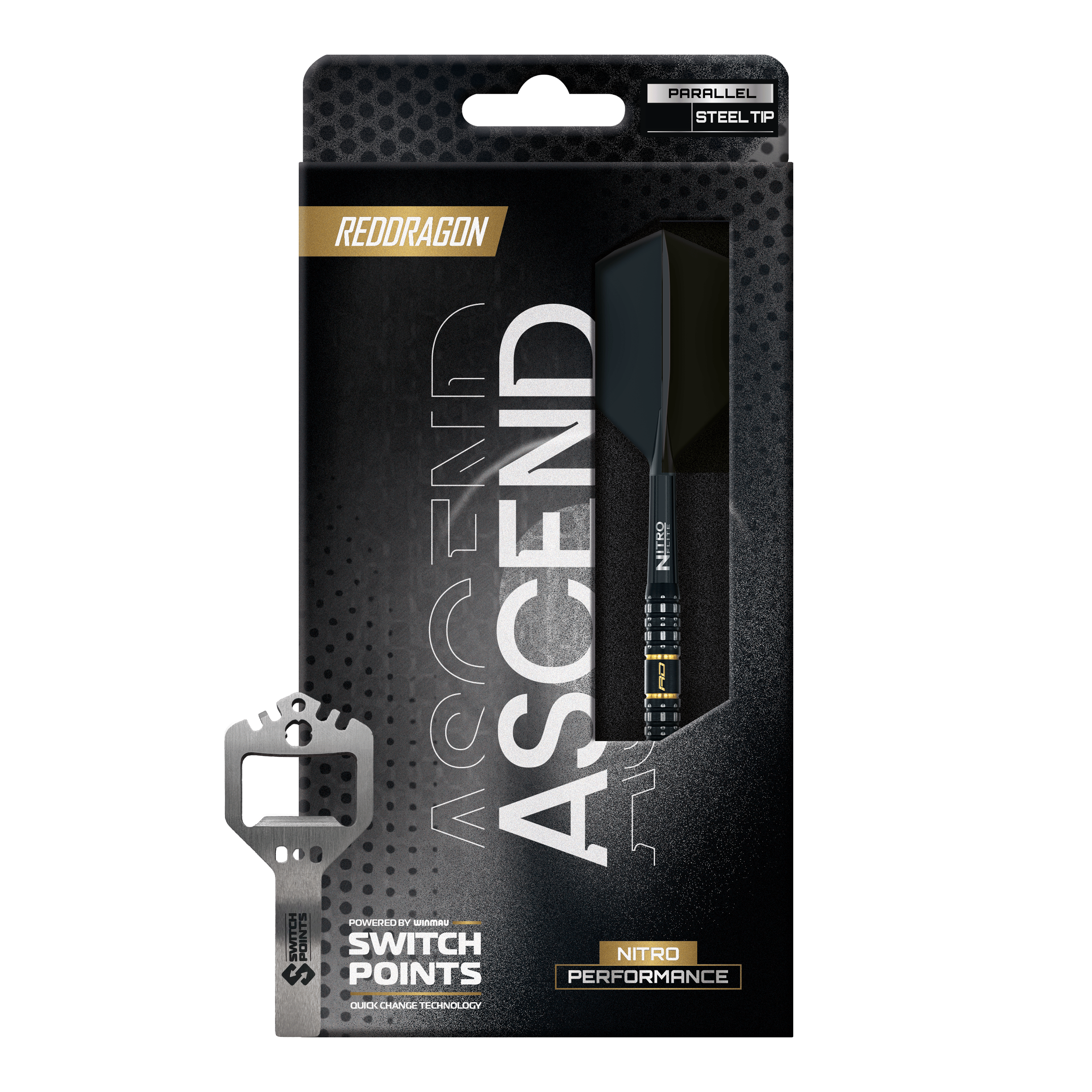 Dardi d'acciaio Red Dragon Ascend Parallel Switch Point Zu sehen sind drei Red Dragon Ascend Parallel Switch Point Steeldarts gruppiert in einer Reihe. Die Darts heben ihre hochwertige Verarbeitung hervor.