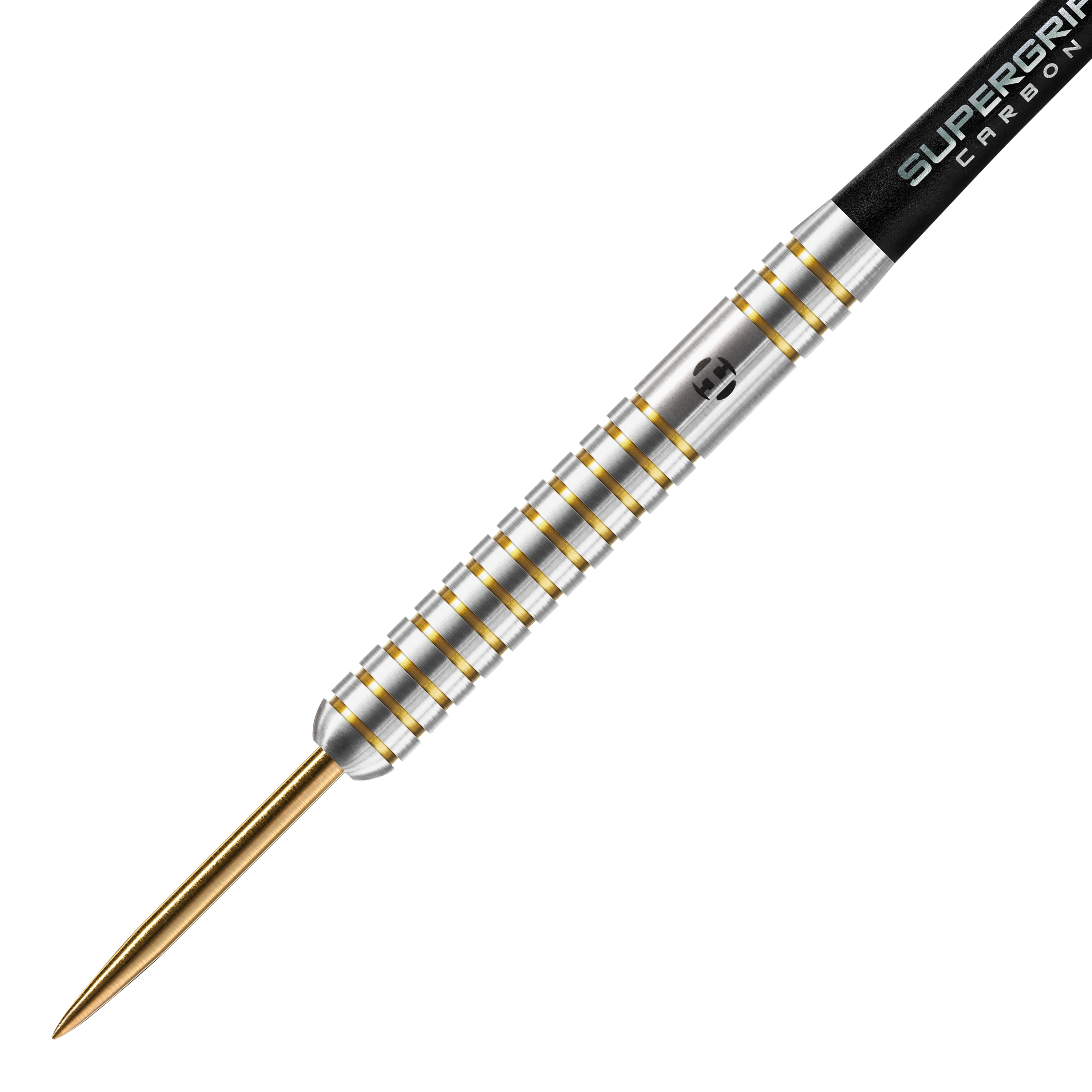 Harrows Anniversary Edition L'originale Steeldarts Das Bild zeigt einen Harrows Anniversary Edition The Original Steeldart. Der Dartpfeil hat ein silbernes Barrel mit goldenen Rillen und einer goldenen Spitze.