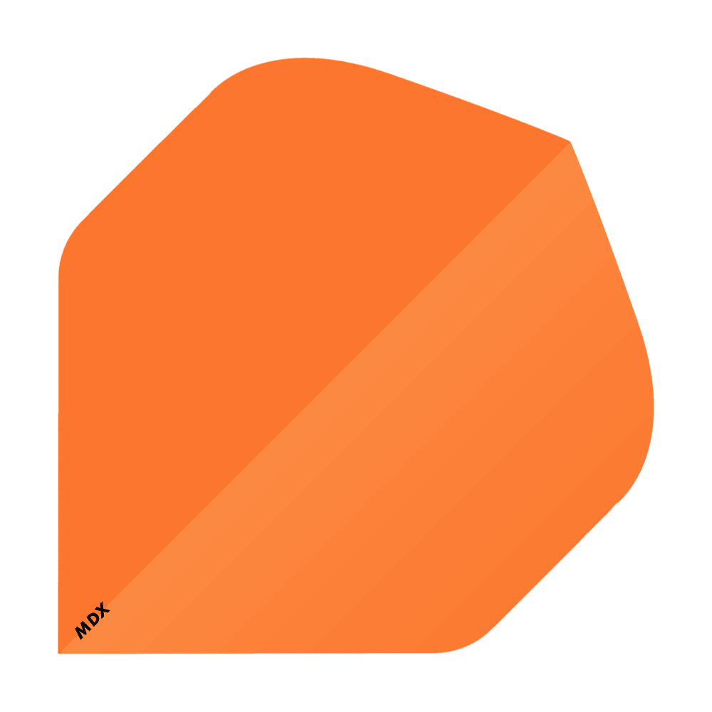 MCD214_MDX_Standard_Flights_Neonorange_1 Das Bild zeigt ein orangefarbenes Quadrat mit einer diagonalen Schattierung. In der unteren linken Ecke steht in schwarzer Schrift „MDX“.