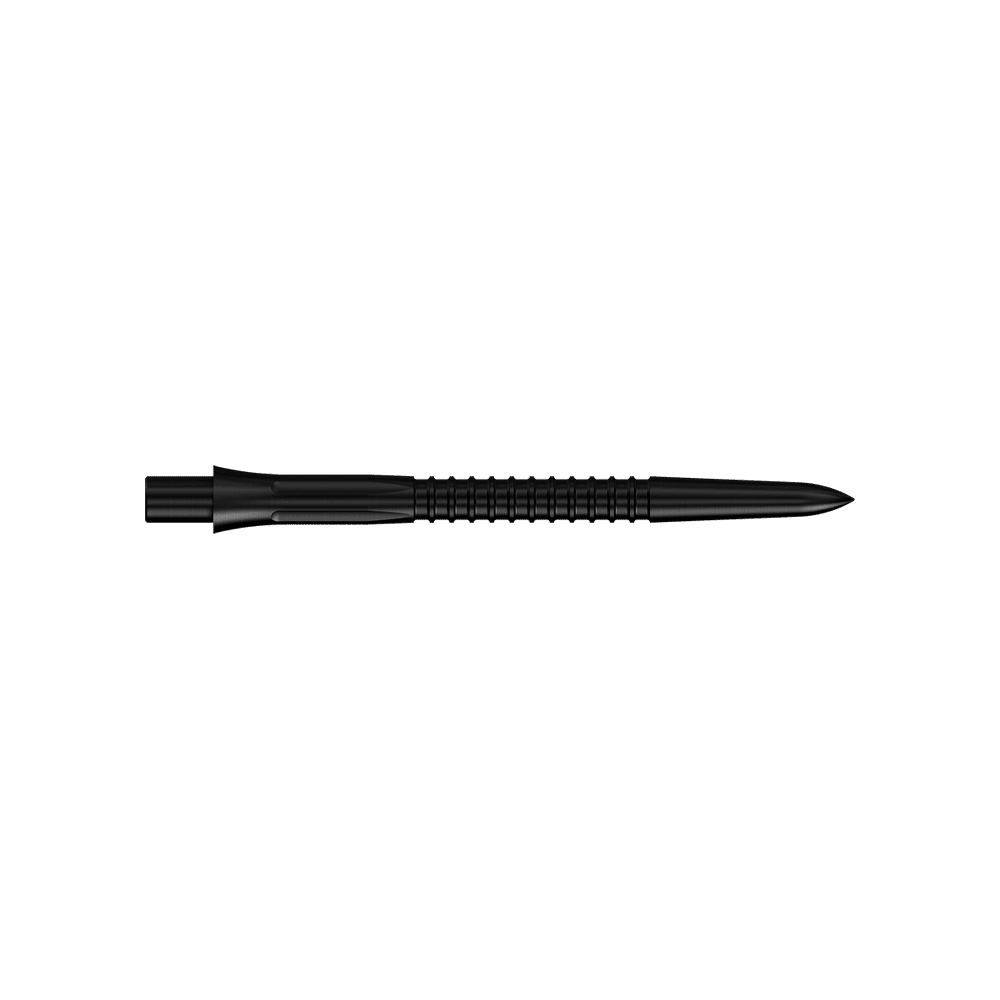 Punte per freccette Mission Caliburn EVO GV1 - Nere Schwarze Steeldartspitzen, 32 mm lang aus der Misson Caliburn EVO GV1 Serie. Die Aufnahme zeigt zwei Dartspitzen nebeneinander.