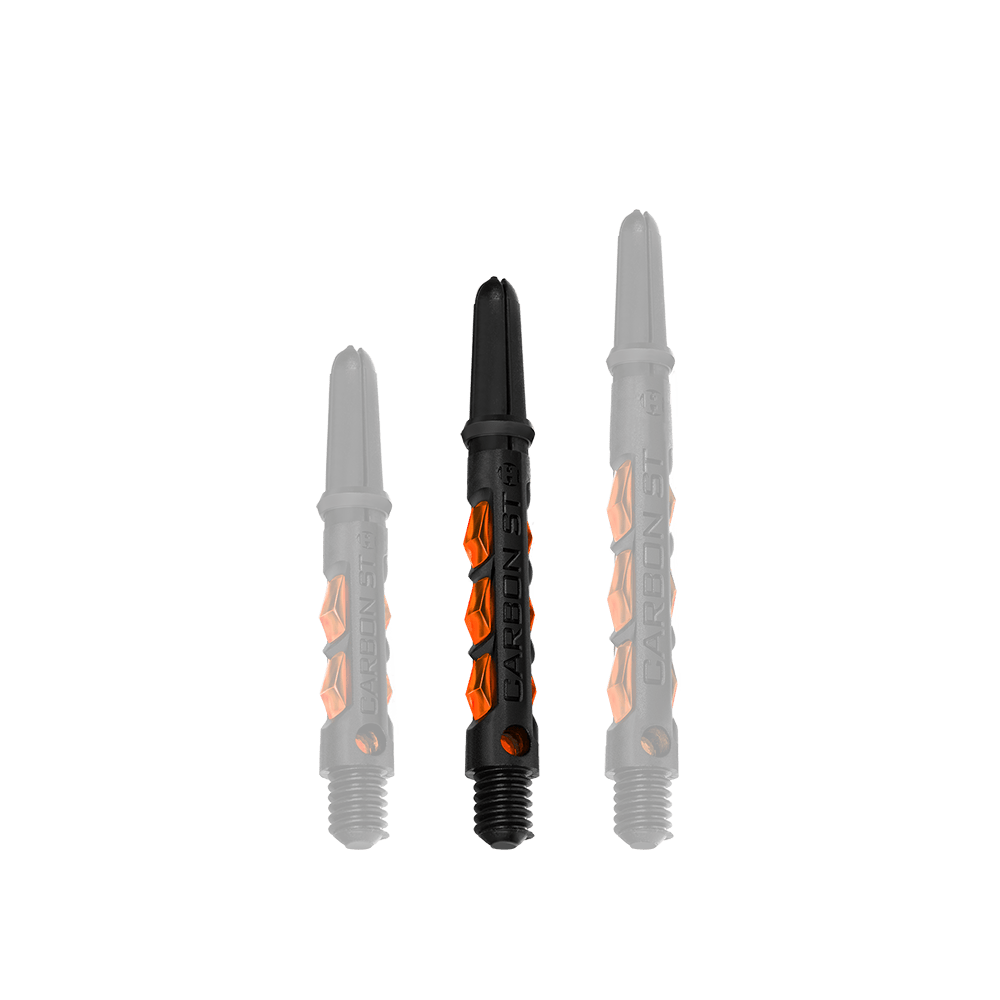 HR429_Harrows_Carbon_ST_Shafts_Orange_40mm_1QUzP4v3nomhOa Das Bild zeigt drei Harrows Carbon ST Shafts in der Farbe Orange. Die Dartschäfte sind in verschiedenen Längen nebeneinander angeordnet.