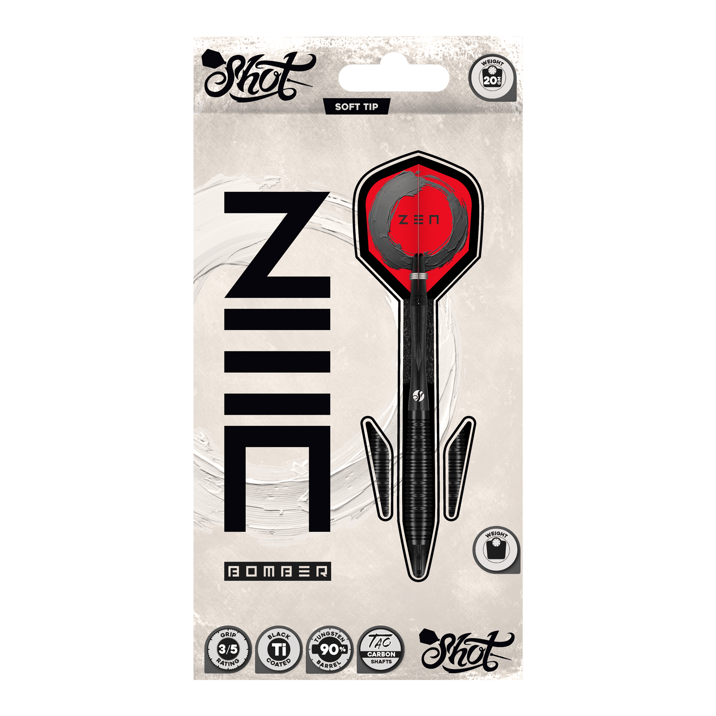 Freccette morbide Shot ZEN Bomber - 20 g Hier sieht man die Shot ZEN Bomber Softdarts - 20g. Die Softdarts sind für präzises Werfen und einen sicheren Halt konzipiert.