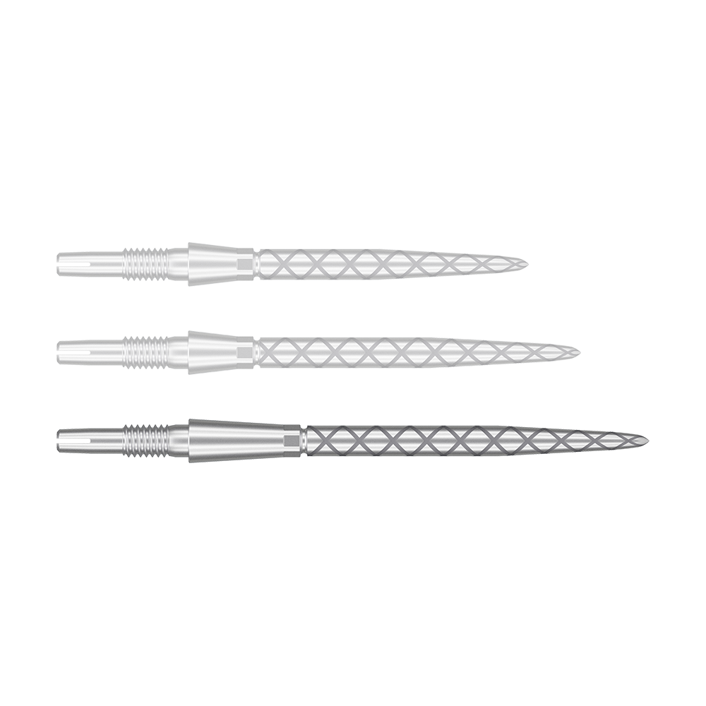 Punte per freccette Target Swiss Storm Diamond Point - Argento Das Bild zeigt drei silberne Dartspitzen mit einem Rautenmuster auf der Spitze. Sie sind nebeneinander und parallel ausgerichtet.