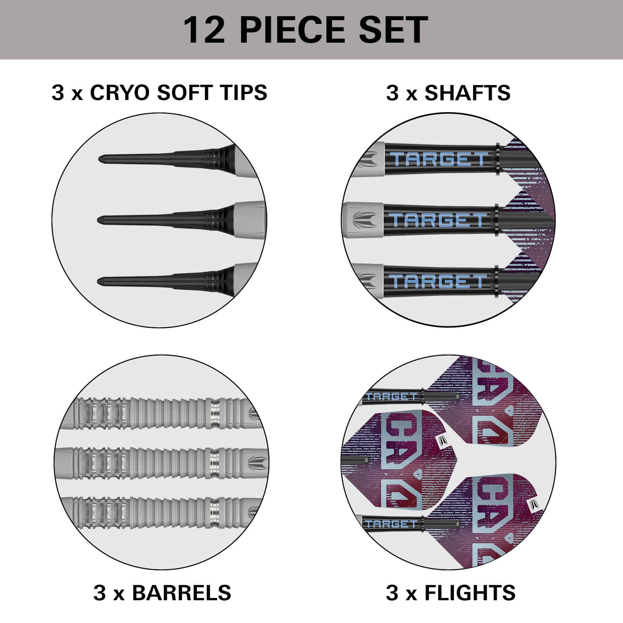 Freccette morbide Target Cryo 13 Hier sieht man die Target Cryo 13 Softdarts. Das Produkt ist detailliert fotografiert, damit die Qualität erkennbar ist.