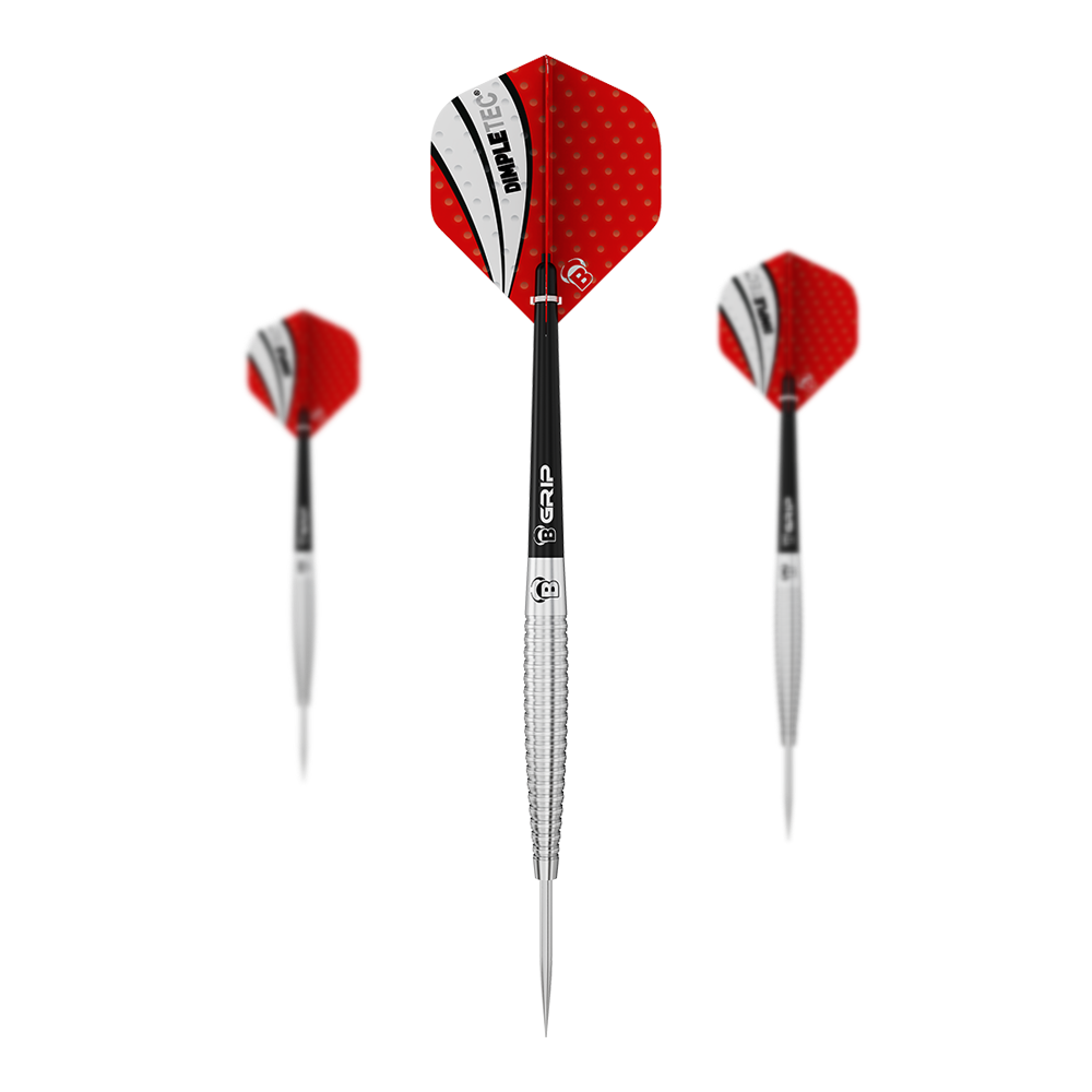 Freccette in acciaio Bulls Dot D6 Das Bild zeigt drei Steeldarts mit roten Flights und silbernen Spitzen. Die Flights haben ein weiß-schwarzes Muster mit dem Aufdruck "PIMPLETEC".