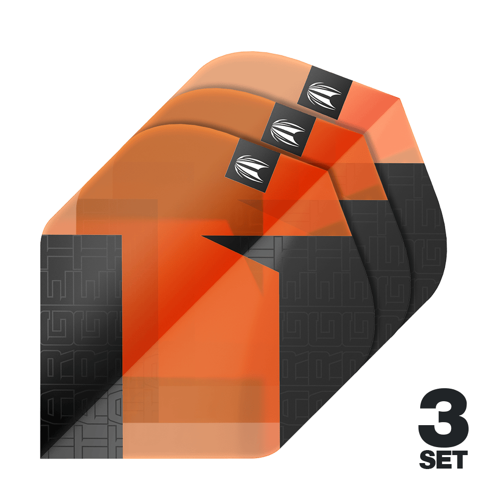 Target Pro Ultra TAG Orange No2 Standard Flights - 3 set Das Bild zeigt drei orangefarbene Standard Flights für Darts mit schwarzem Muster. In der rechten unteren Ecke steht "3 SET".