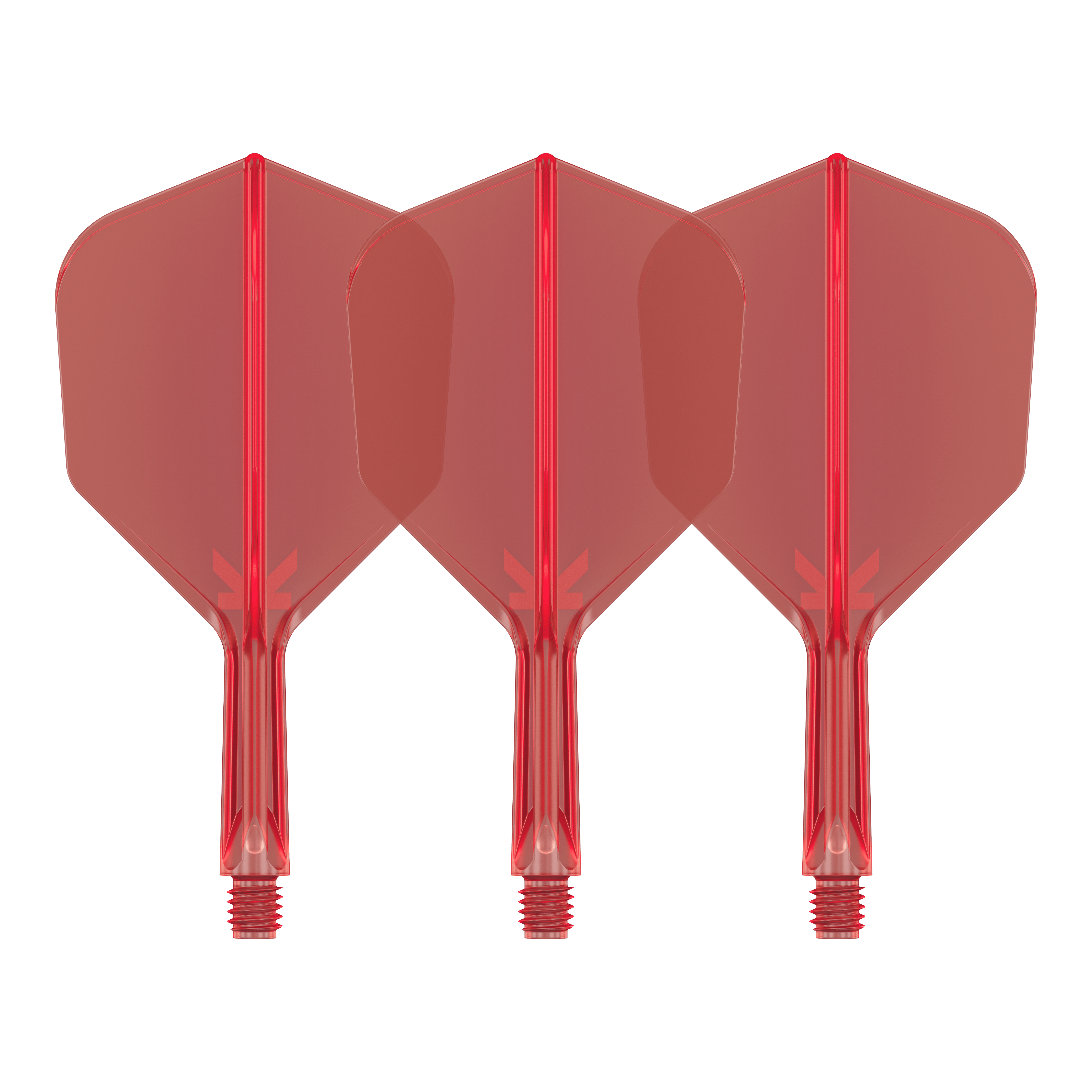 Sistema di volo Target K-Flex No6 - Rosso Auf dem Bild sind drei rote Dart-Flights mit Shafts zu sehen. Sie sind identisch und stehen nebeneinander auf weißem Hintergrund.