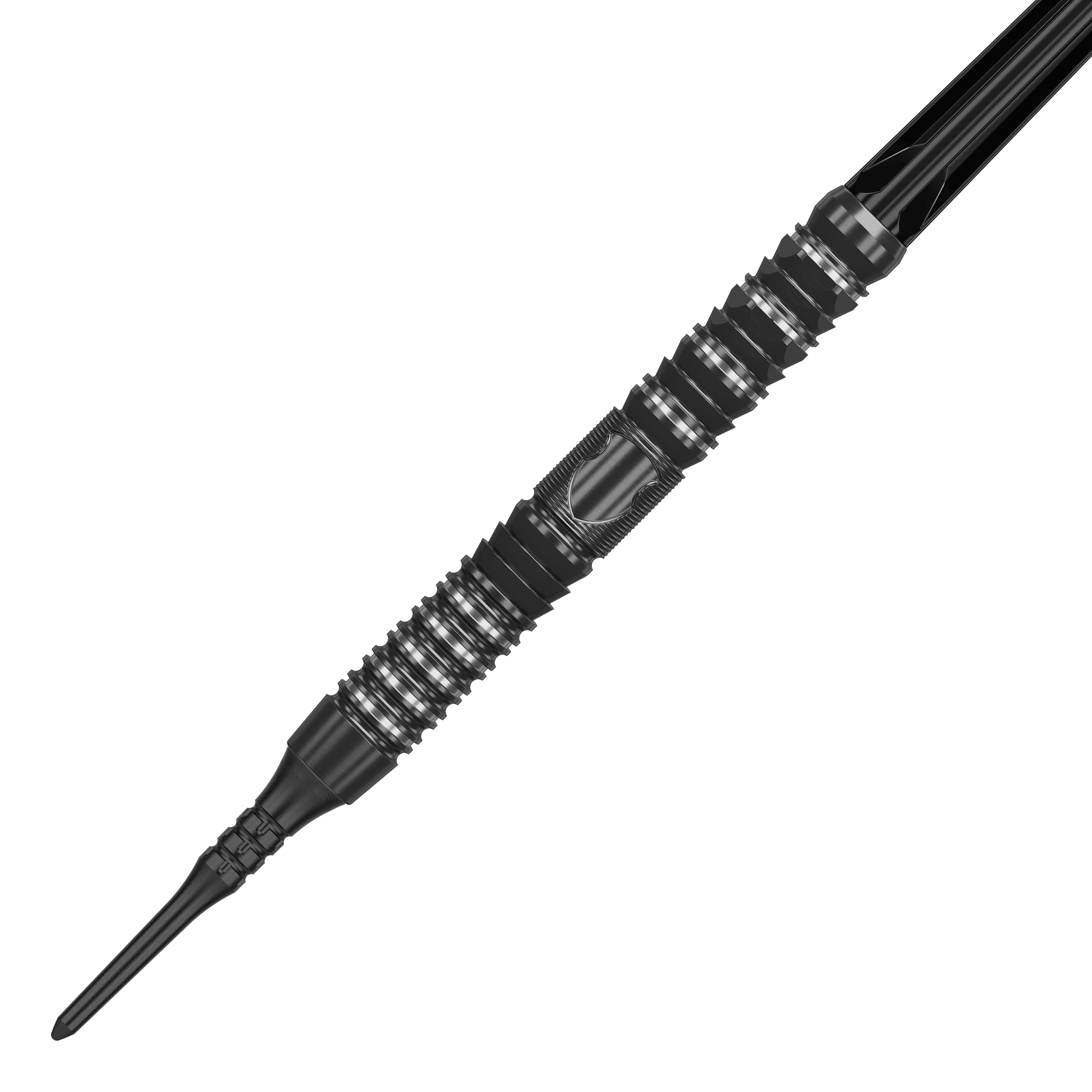 Target Japan Black Marque Draco GEN2 Freccette morbide - 20 g Das Bild zeigt einen Target Japan Black Marque Draco GEN2 Softdart mit einem Gewicht von 20g. Der Dart ist schwarz-silbern und hat ein modernes, gerilltes Design für besseren Halt.