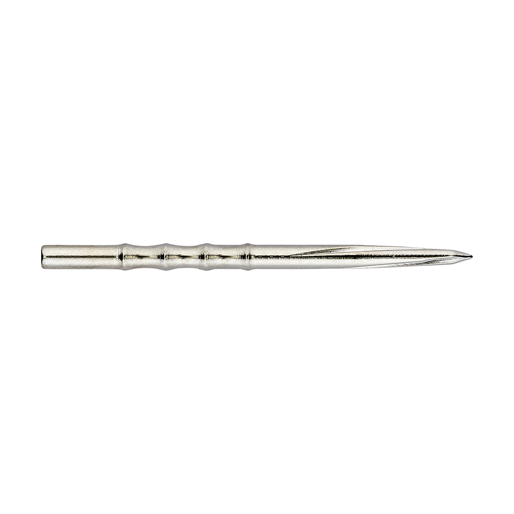 Punte per freccette in acciaio smerlato Unicorn Volute Das Bild zeigt eine silberne Steeldartspitze mit einem gerillten Design. Die Spitze ist schlank und hat eine profilierte, leicht gewellte Oberfläche.