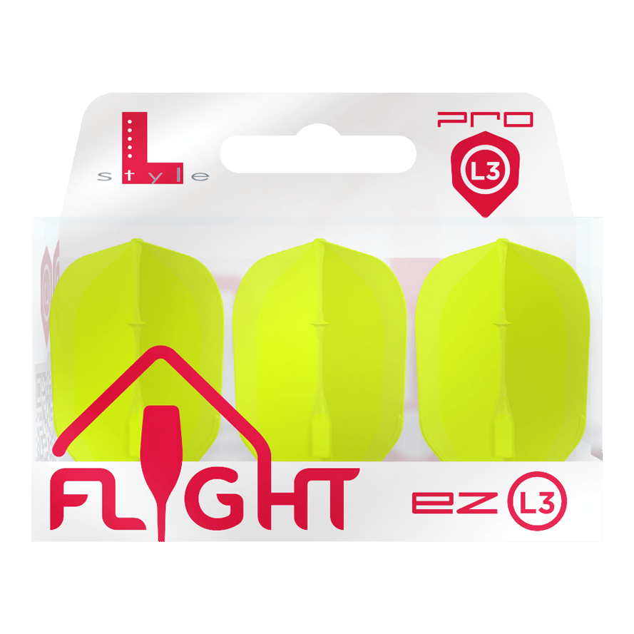 Voli L-L-Style3EZ Das Bild zeigt eine Packung mit drei neon-gelben Dart-Flights der Marke L-Style. Auf der Verpackung steht „FLIGHT ez L3 Pro“.