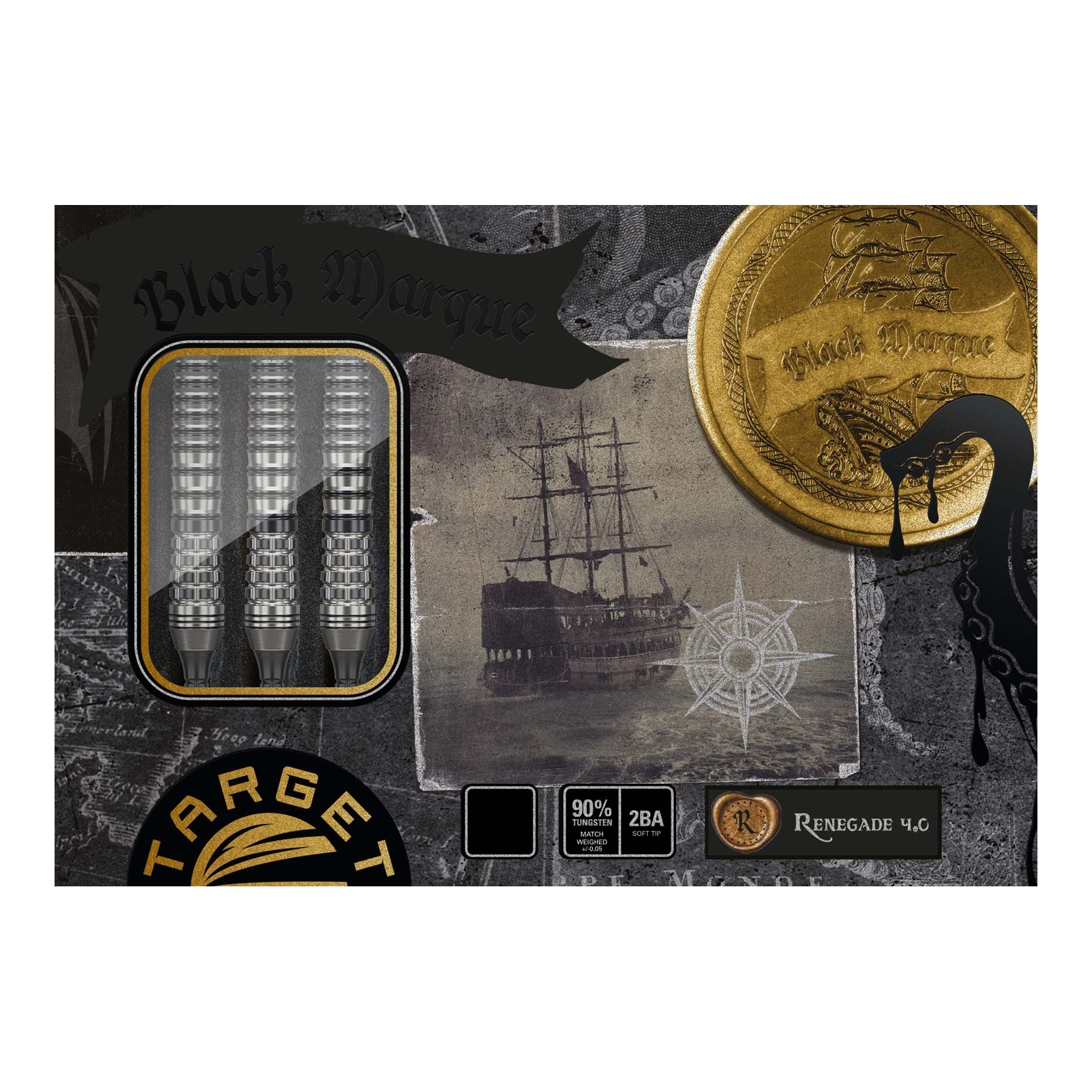 Das Bild zeigt die Verpackung der „Target Japan Black Marque Renegade 4 Softdarts – 19g“. Auf der Verpackung sind drei Dartpfeile, ein altes Segelschiff und eine goldene Münze mit dem Schriftzug „Black Marque“ abgebildet.