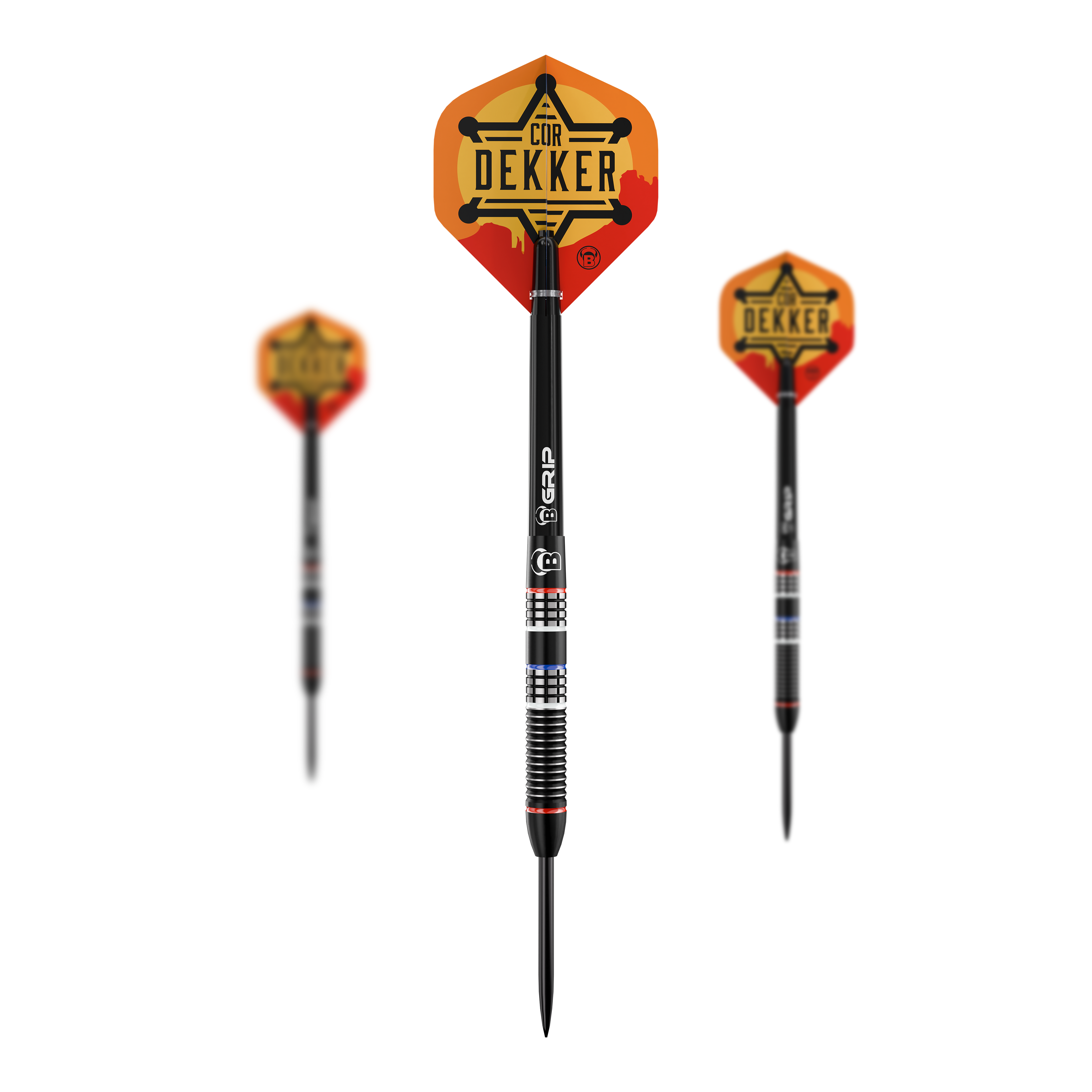 Bulls Cor Dekker The Sheriff Steeldarts - 23 g Es ist ein Set der Bulls Cor Dekker The Sheriff Steeldarts mit 23 Gramm zu sehen. Das Set enthält mehrere Darts für das professionelle Dartspiel.